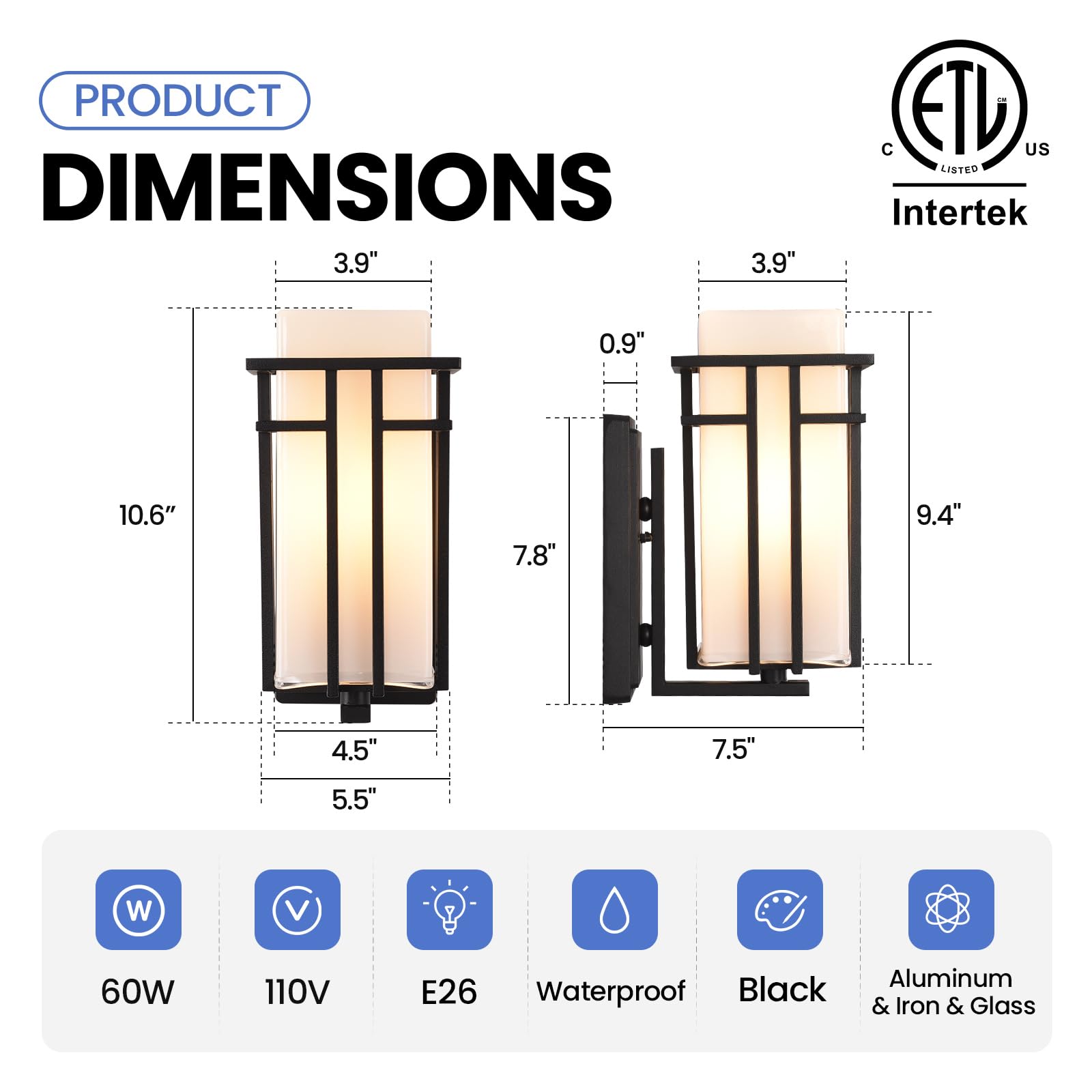 Outdoor Wall Sconce, Waterproof Exterior Lights Wall Mount, Anit-Rust Outdoor Wall Lantern With Rectangle White Glass, Modren Bl
