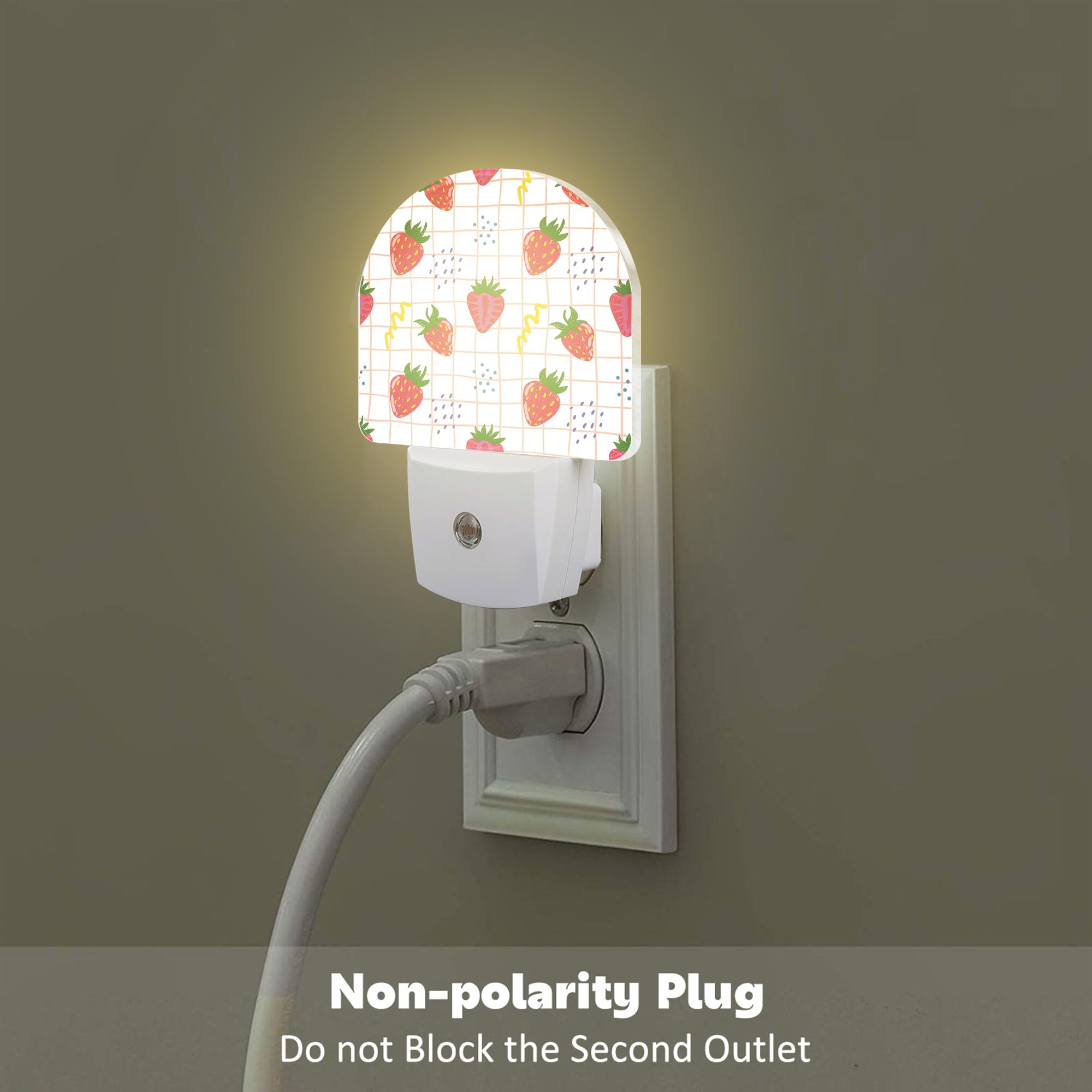Sndheke Cute Red Strawberries Night Light Plug Into Wall, Abstract Funny Fruits Dusk To Dawn Night Light Plug In,0.5W Energy Sav