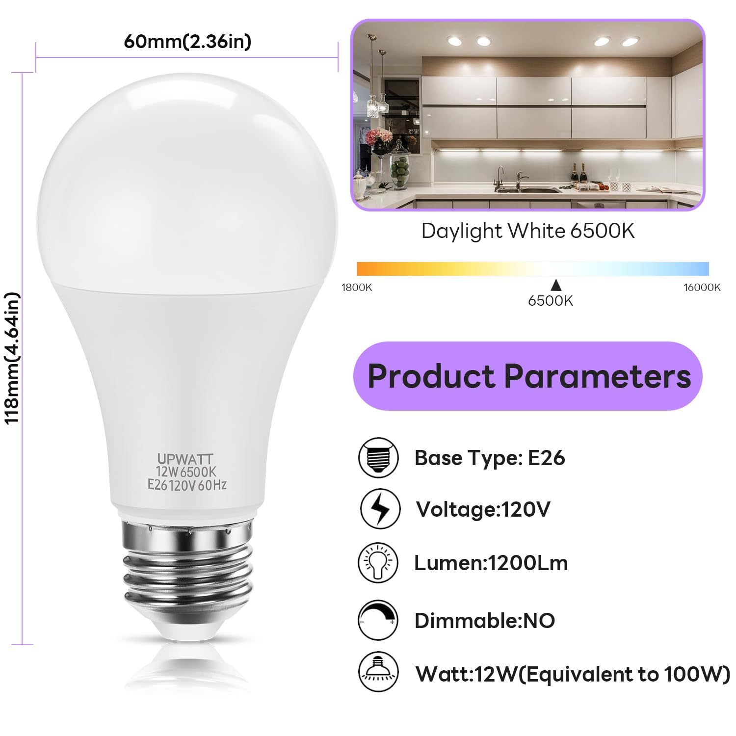 UPWATT LED Light Bulbs A19 12W 100W Equivalent 1200 Lumens Daylight 6500K Non-Dimmable E26 Base 10 Pack White