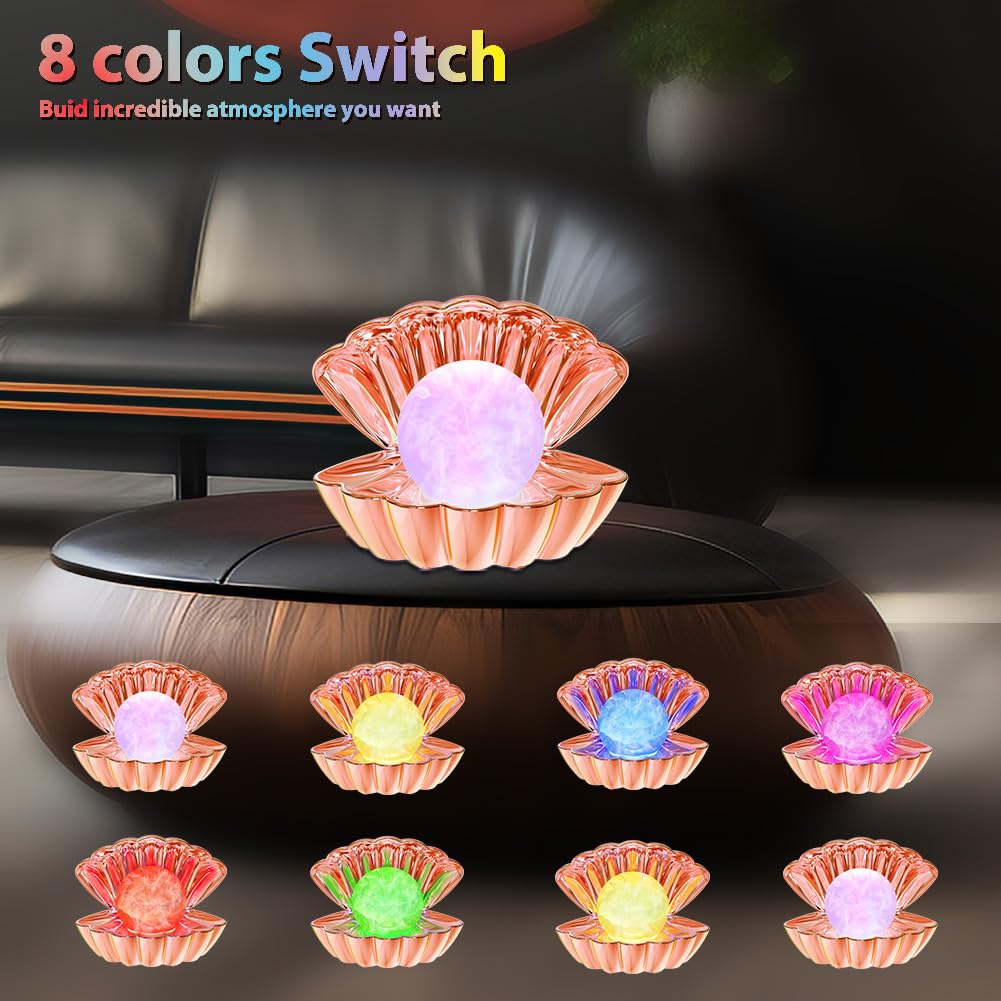 LKUA Shell Pearl Night Light - RGB Color Changing LED Lamp, Electroplated Rose Gold, Portable Clamshell Design, Model LK-P