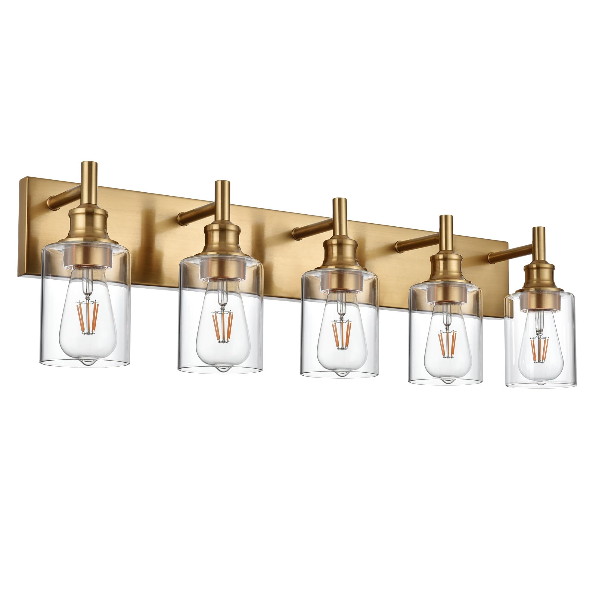 Wanluce 5 Light Vintage Brushed Brass Bathroom Vanity Light Fixtures Over Mirror With Clear Glass Shades, Farmhouse Wall Sconces