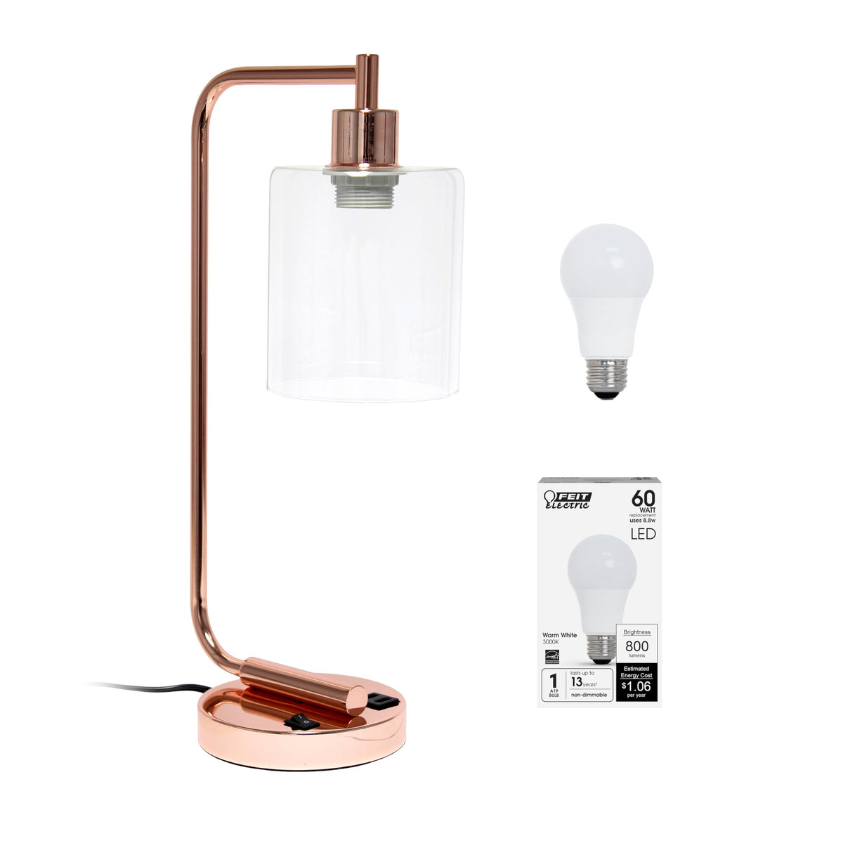 Simple Designs LD1066-RGD-LB Industrial Vintage Bronson Iron Lantern Desk Table Lamp with USB Port and Glass Cylinder Shade for Office, Living Room, Bedroom, Rose Gold, with Feit LED Bulb Included