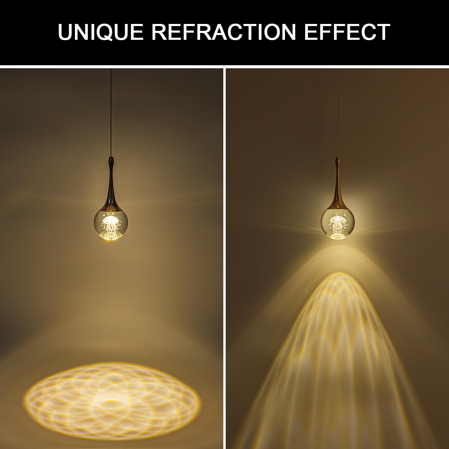 CHYING 1-Light Teardrop Crystal Pendant Light - Mini LED Globe Fixture, Jellyfish/Gold, 3000K Warm White for Kitchen Island, Dining Room, Bar
