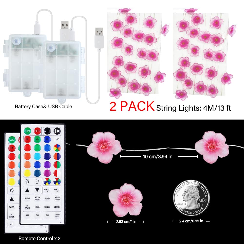 2 Pack Battery Operated String Lights Indoor, 13Ft Cherry Blossom Bedroom Lights, Color Changing Flower Lights Decorative For Room Dressing Table Dorm Party Easter Girl Mom Gift Wedding Christmas