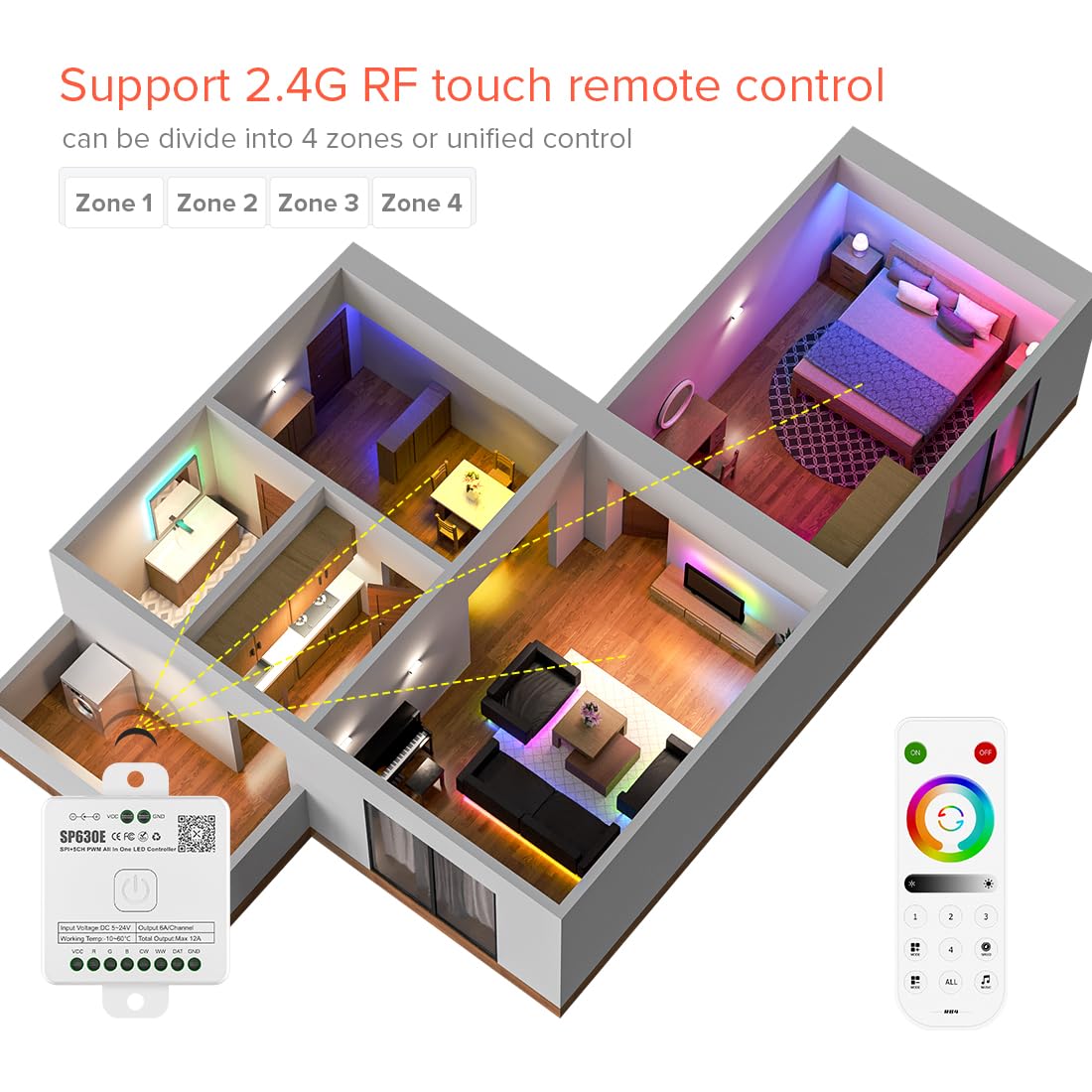 Btf-Lighting Sp630E Bluetooth Controllers 4 Zones 2.4Ghz Rf Rb4 Remote Kit Support Fcob Cob Smd Pwm Rgbcct Rgbww Led Strip Dc5V