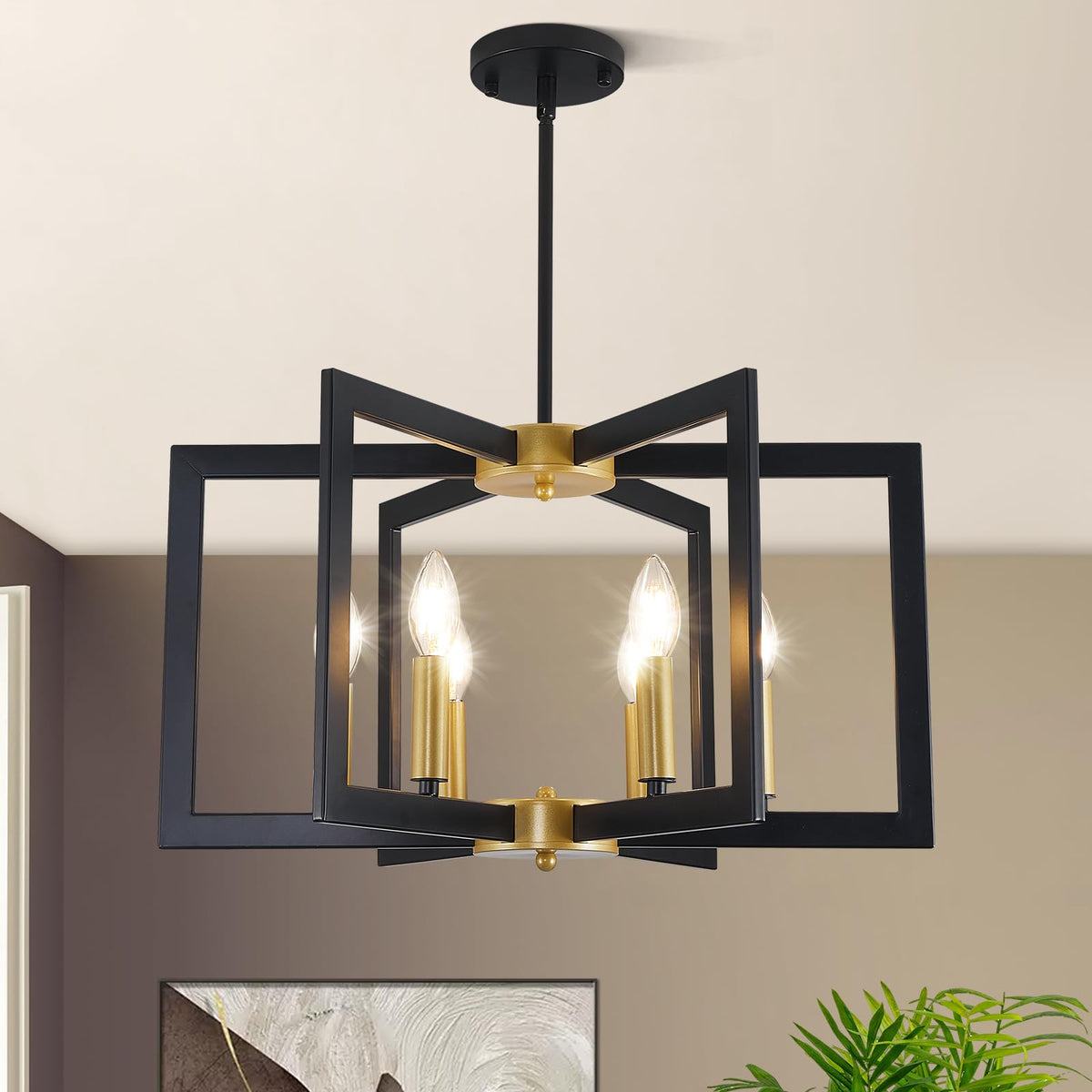 Black And Gold Chandelier, 6-Light Geometric Dining Room Fixture, Modern Industrial Foyer Lighting Fixtures, Rustic Farmhouse Ha