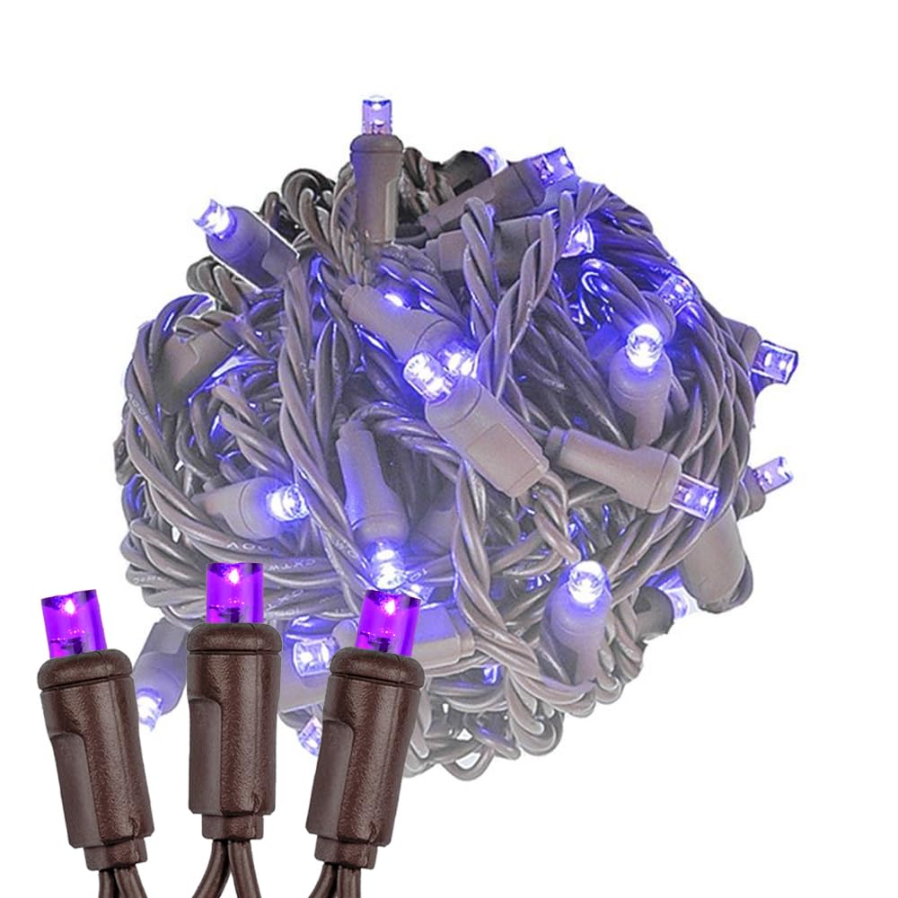 Novelty Lights 25ft Purple LED Christmas String Lights, 50 Lights, Dimmable, Connectable, Brown Wire, UL Listed, IP55