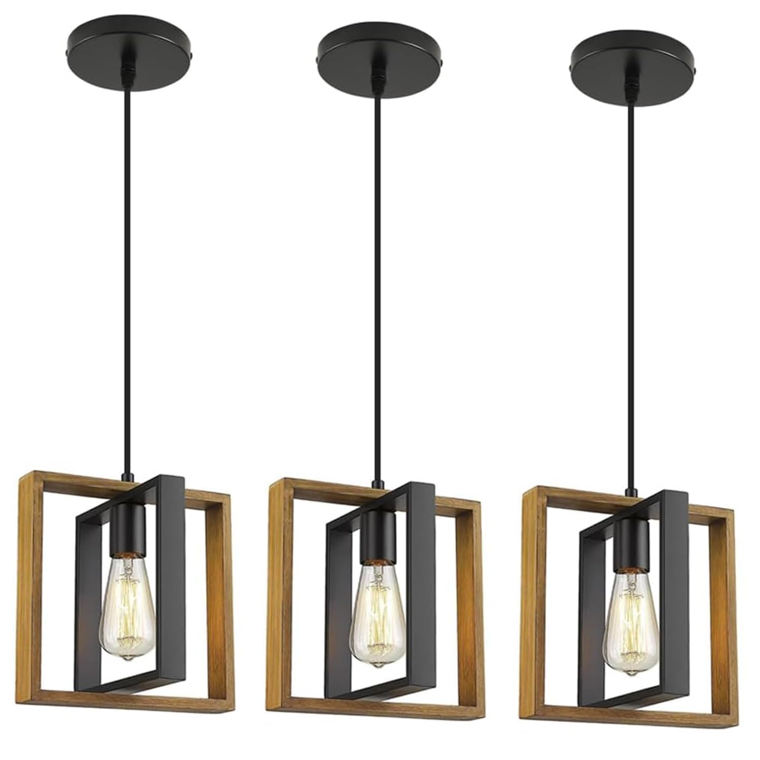 CAFULAM Farmhouse Pendant Light Fixture, Metal, Adjustable Height, 3 Pack, Black