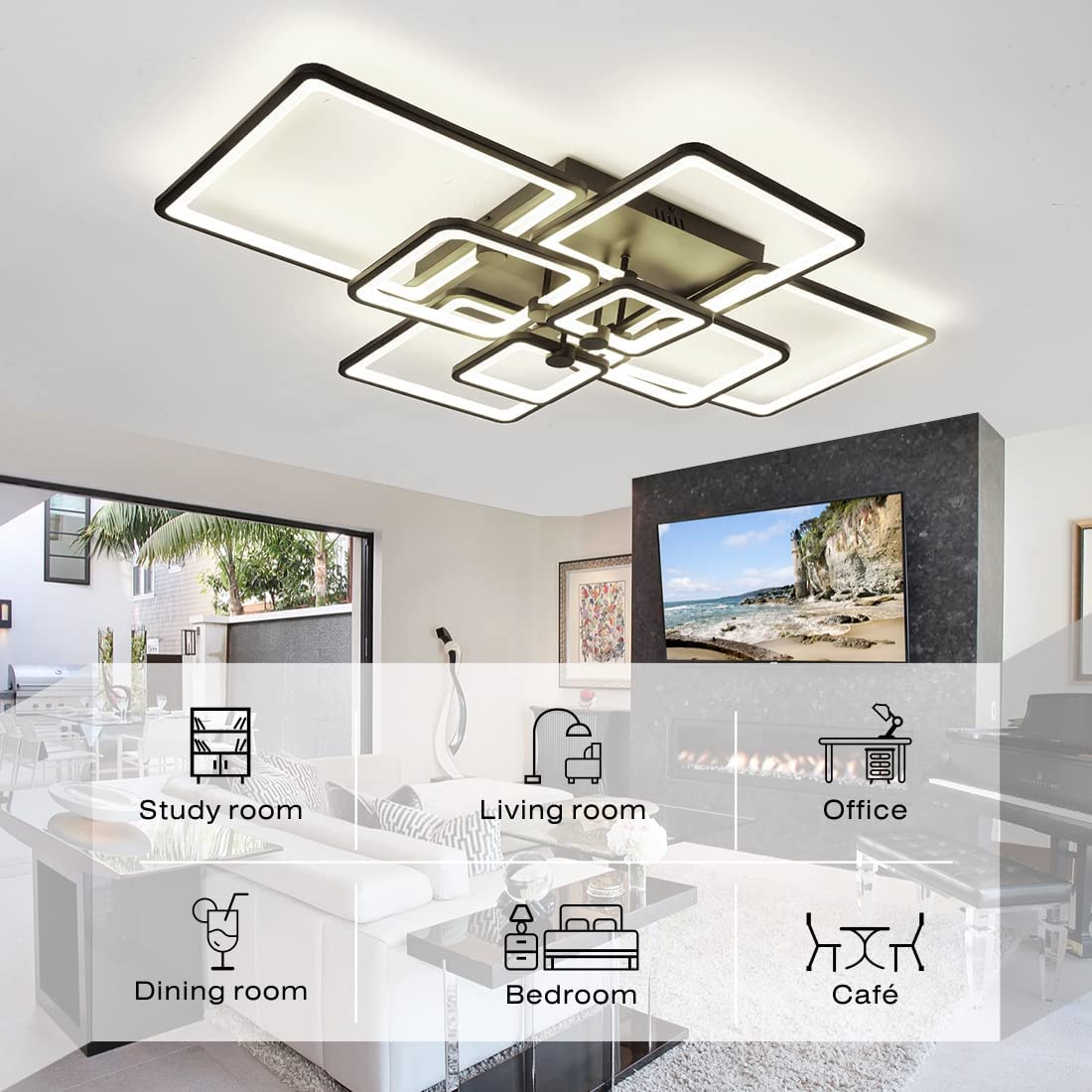 HiHiHomy Modern LED Ceiling Light Fixture, Dimmable, 41.7in, 8 Lights, Black, Model FK001