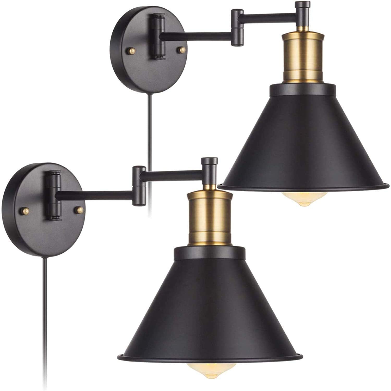 Arcomead Vintage Black Swing Arm Wall Lamp Sconce 2-Pack For Kitchen, Hallway, Café