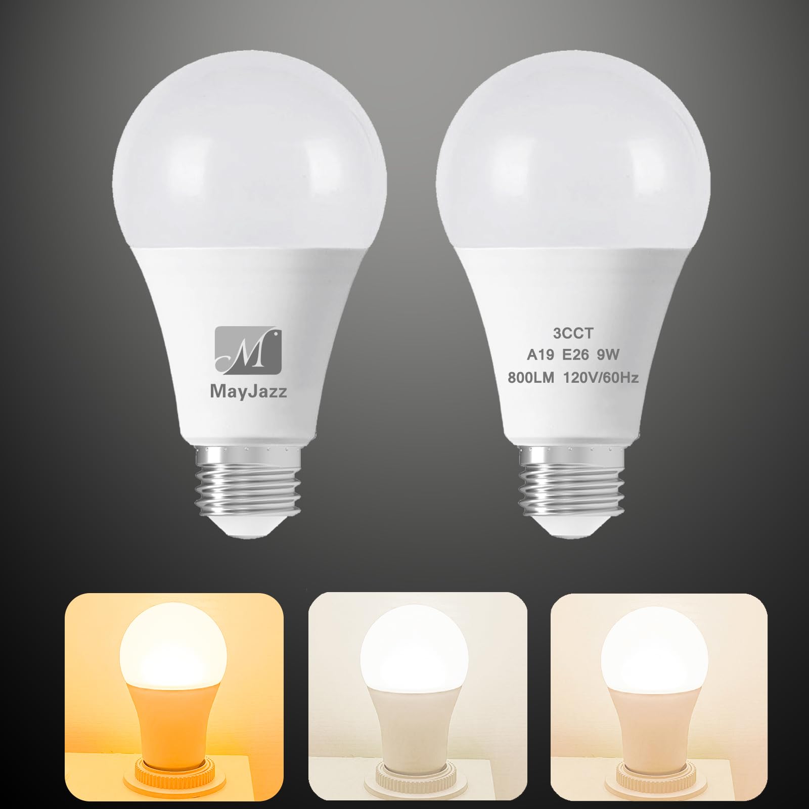 M Mayjazz 3 Color Temperature Led Light Bulb A19 2700K-5000K-4000K,3Cct Color Changing Light Bulbs,Energy Saving 9W(60W Equivale