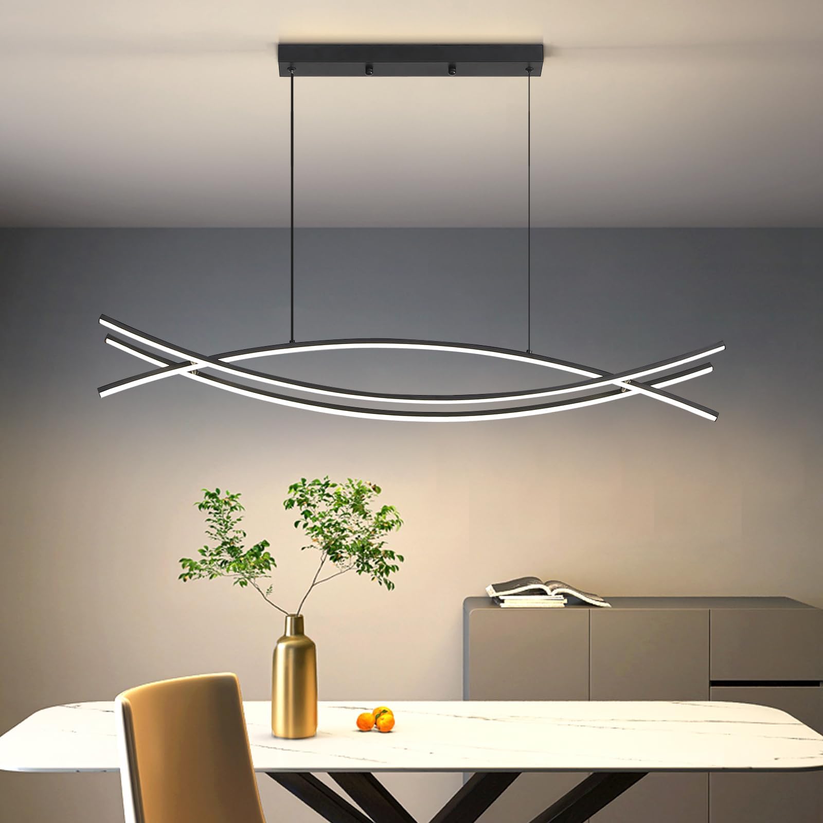 Matven Modern Chandelier, Linear Pendant Light Led Dimmable Hanging Light Fixture, 3000K-6500K With Remote Control (Black, 47In)