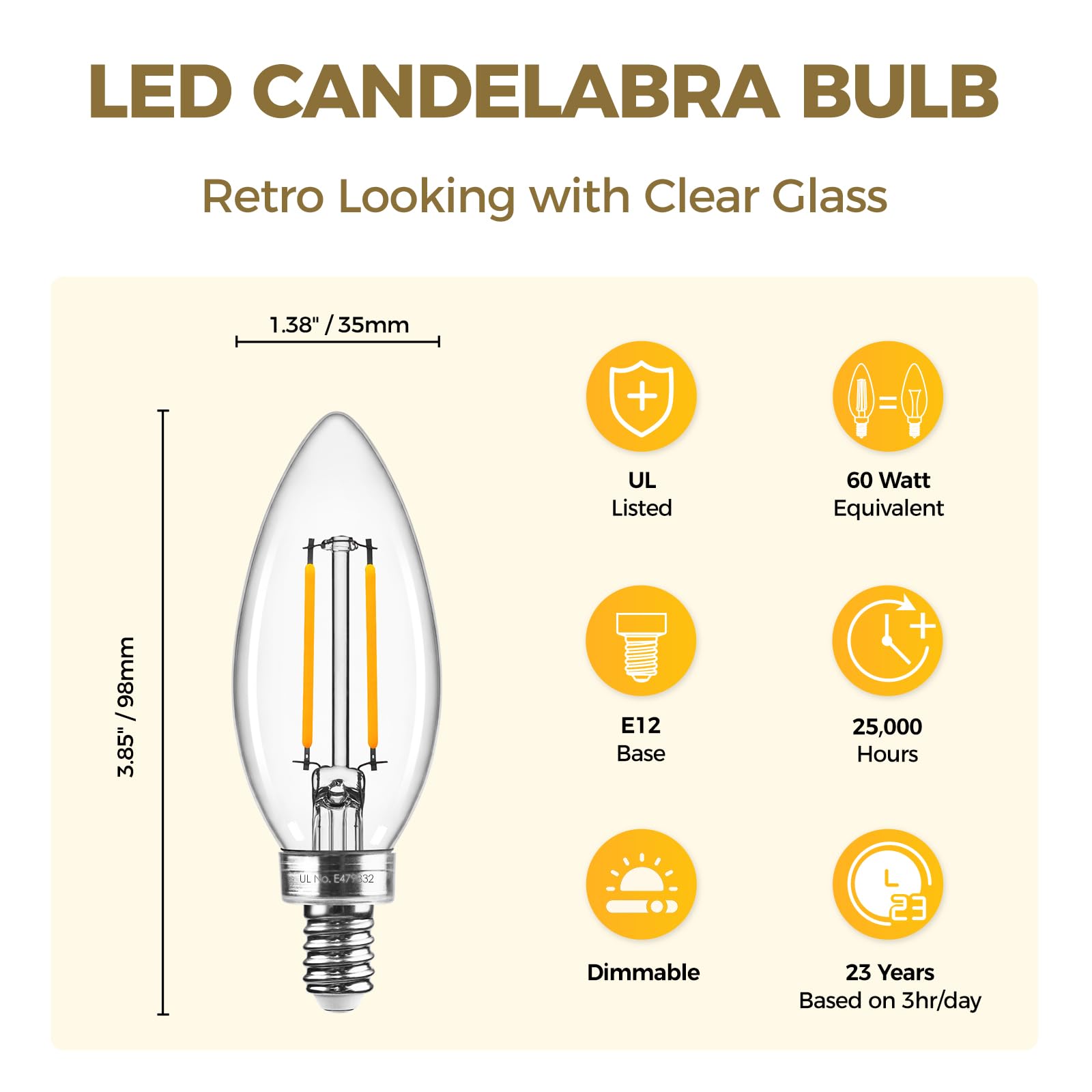 Hizashi E12 Candelabra Bulb 60 Watt Equivalent, Dimmable Chandelier Light Bulbs Soft White 2700K, Candelabra Light Bulbs, B11 Le