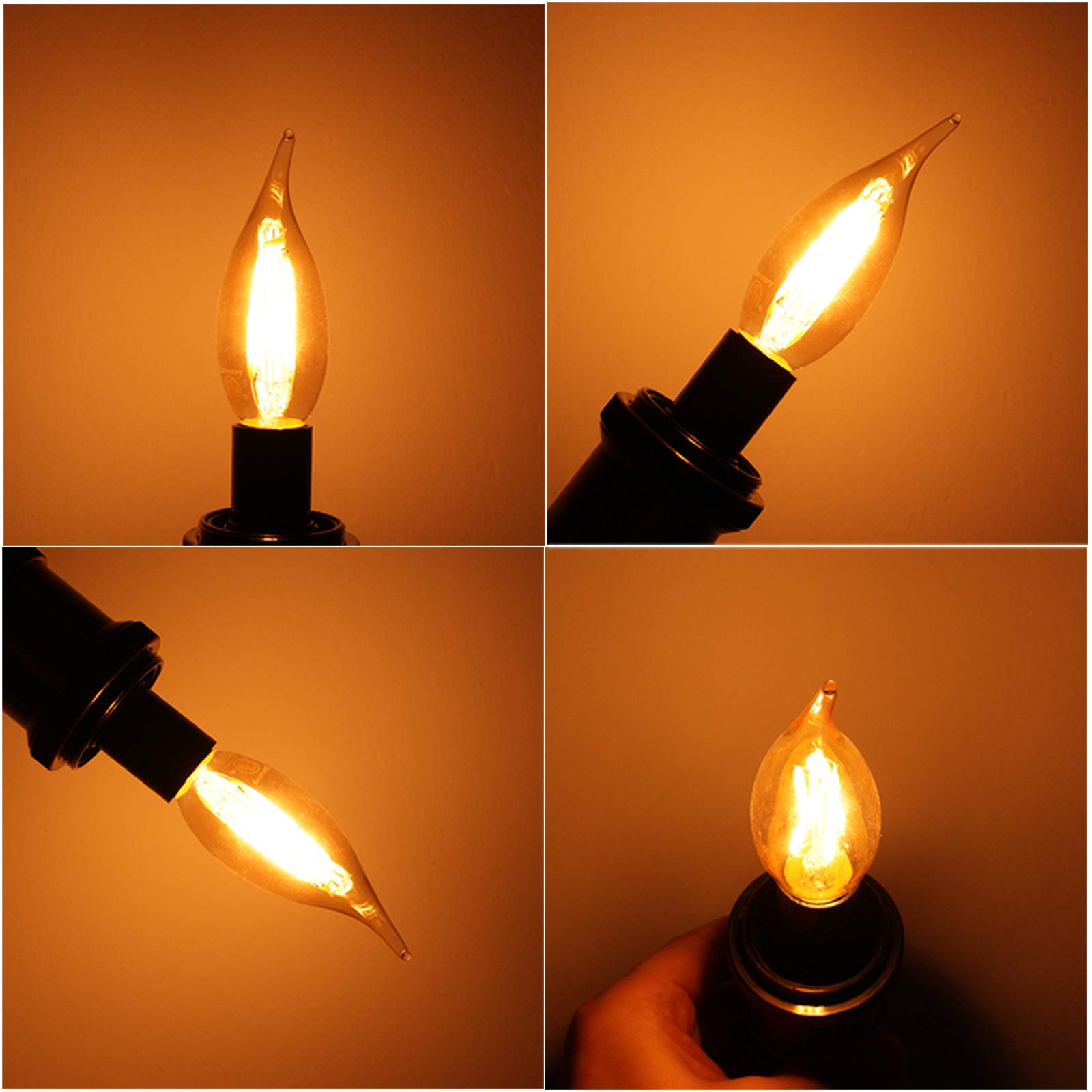 LiteHistory CA10 Dimmable LED Bulb, 4W 2200K Amber Flame Tip, 250lm, 6 Pack, Candelabra E12, Warm White, Glass