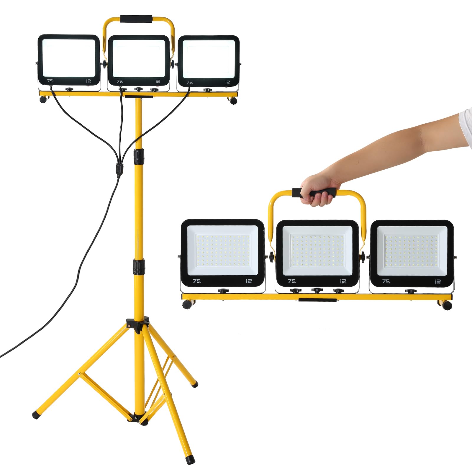 Yaoledly 225W 22500 Lumen Work Lights With Stand, Three Head Led Work Light With Individual Switch, 15Ft Power Cord, Ip66 Waterproof, Adjustable Metal Telescoping Tripod For Indoor And Outdoor