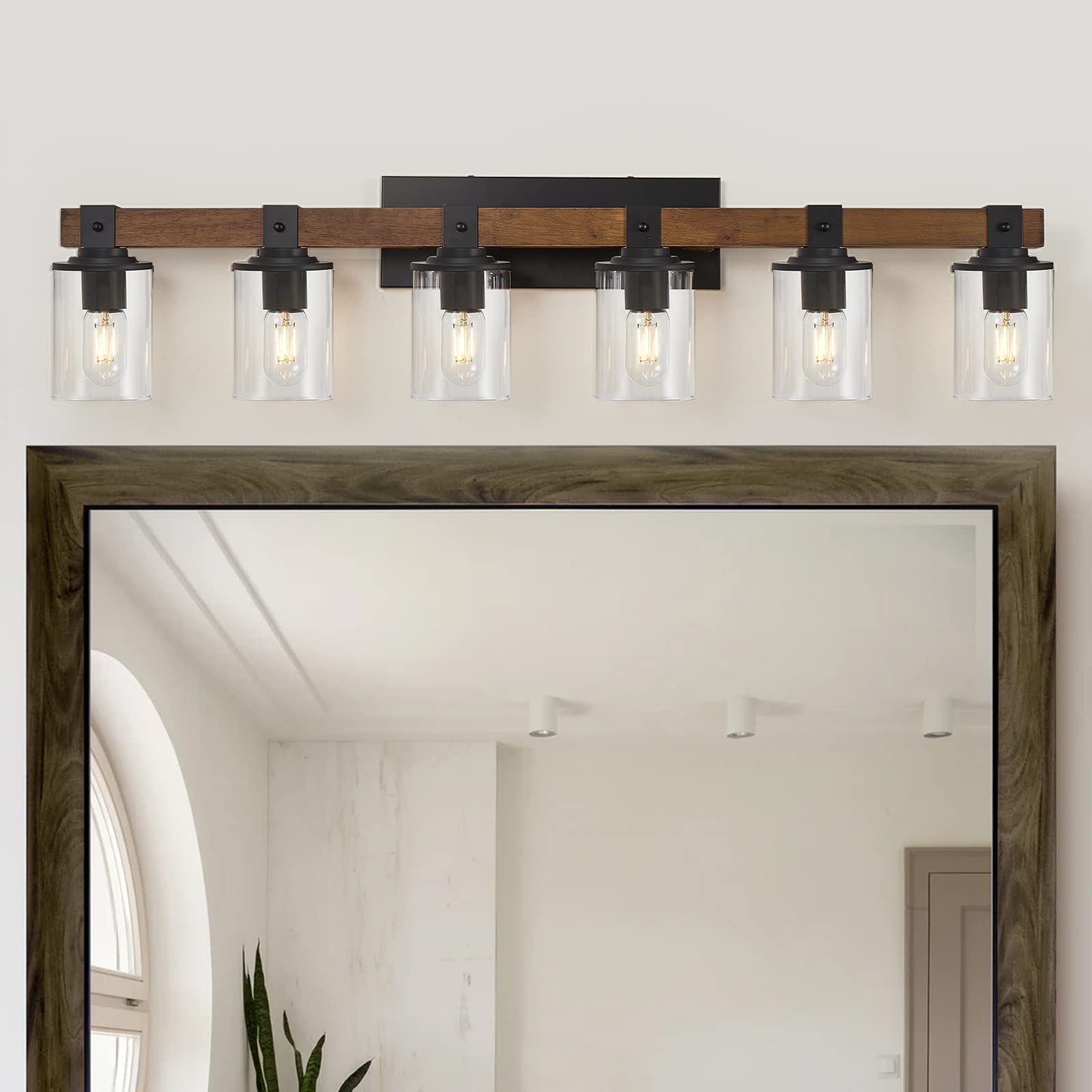 XGFOURSEVEN 6-Light Farmhouse Vanity Lights, Rustic Wood & Metal Wall Sconces, Model XG0106LPA