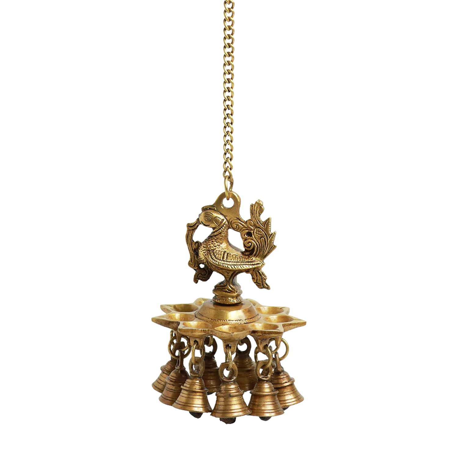 ExclusiveLane Peacock Bliss Hand-Etched Decorative Pure Brass Hanging Diya for Puja Room Mandir with Bell (9 Diyas & Bells, 23.2