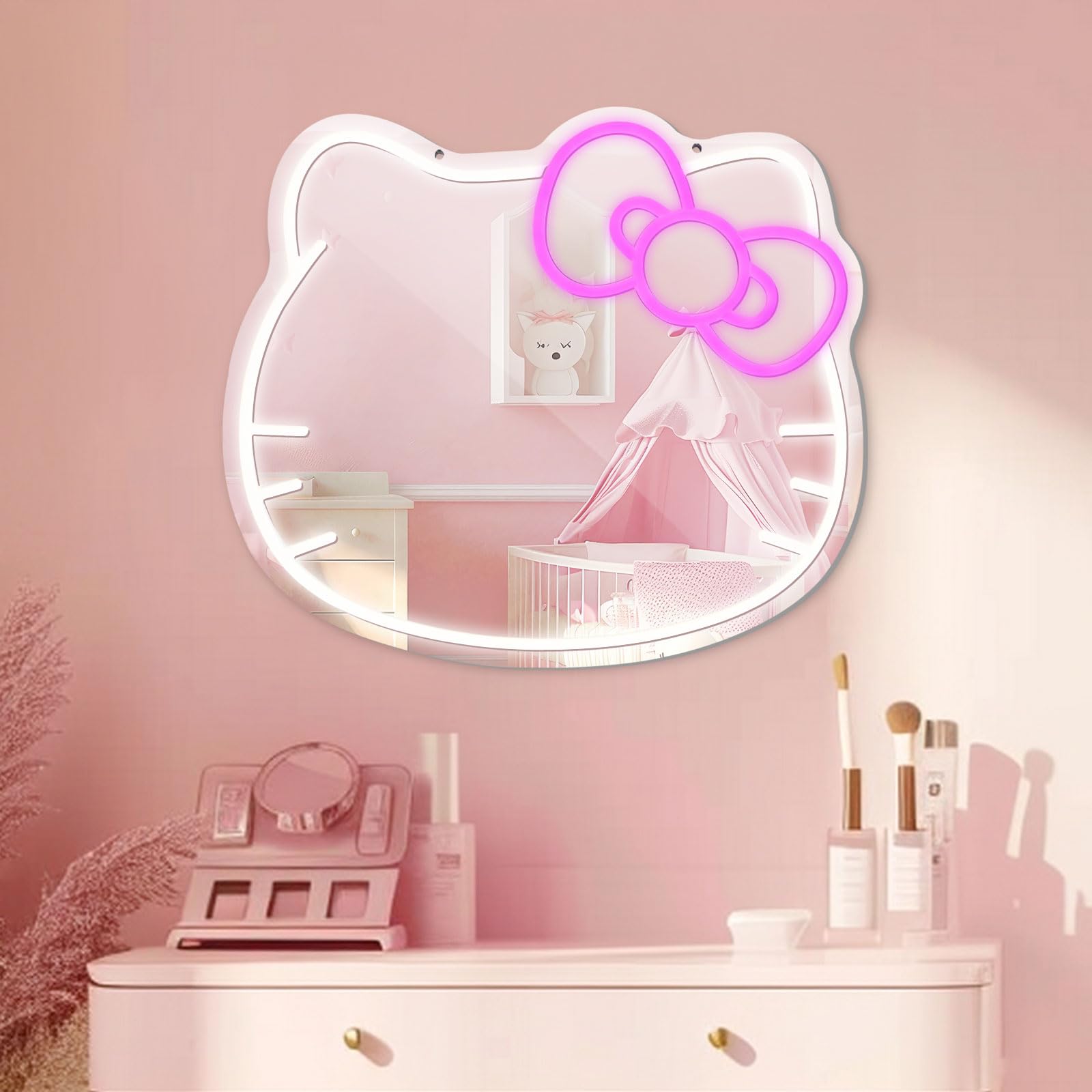 LUXUOSA Anime Mirror Vanity - Neon LED Wall Mirror with Remote, 13inL x 13inW, White, Perfect for Bedroom Decor and Gifts