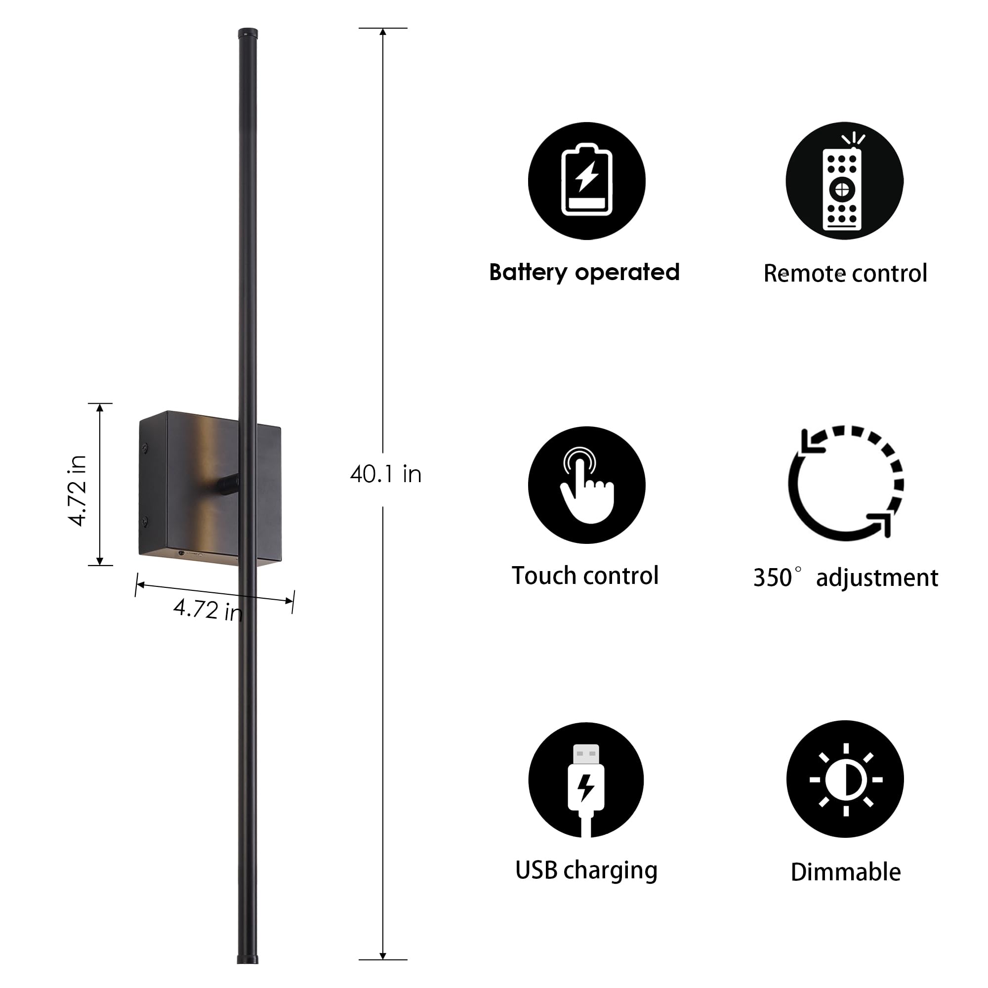 KARTOOSH Battery Operated Wall Sconces, Dimmable, 350° Rotate, 40.1" Black Metal, 2 Pack, Remote Control, Model ZM210BB