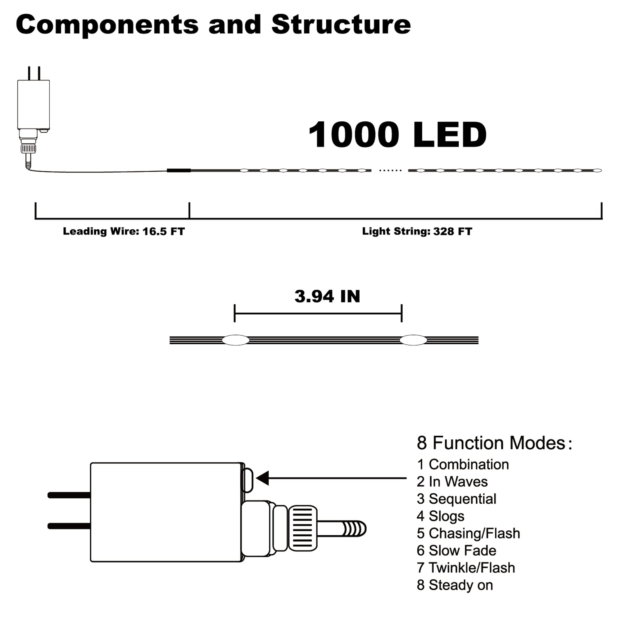 WATERGLIDE 328 FT Fairy String Lights, 1000 LED, Waterproof, 8 Modes, Green Wire, Multicolor, Model HBB-1000COI
