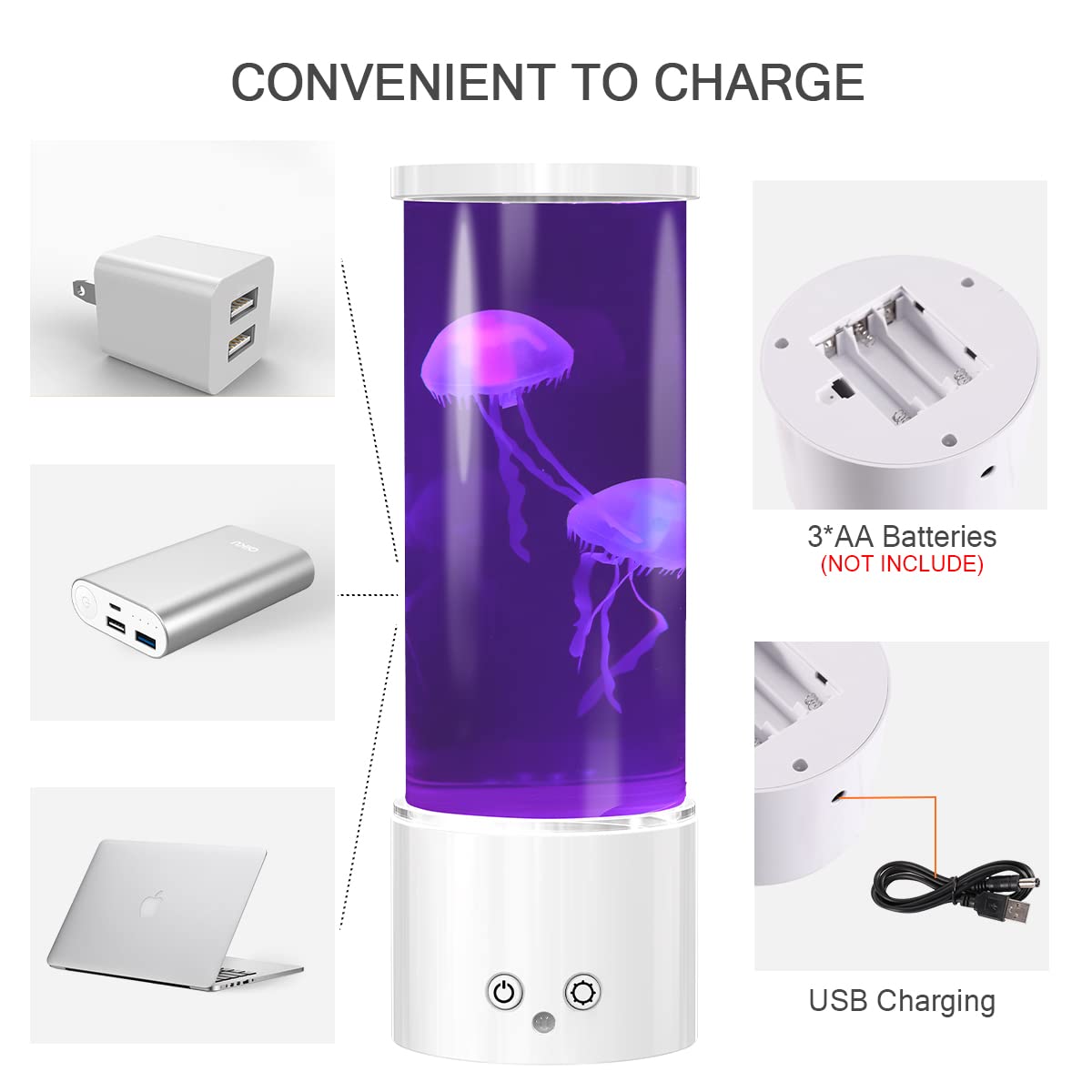 KIKILIVE Jellyfish Lamp - LED Aquarium Night Light, 11.6" Tall, Remote Control, 17 Color Changing, White, Model 21081602