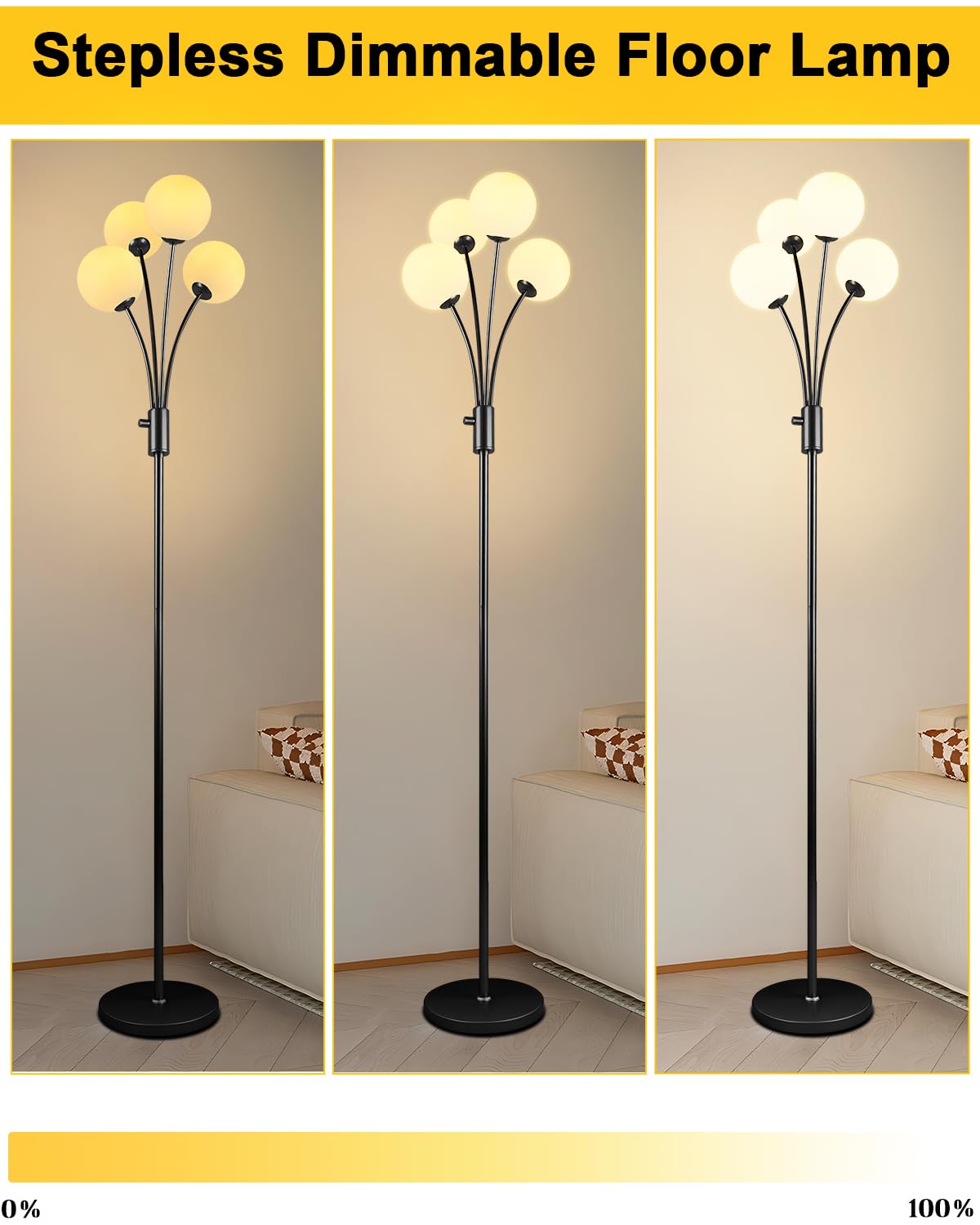 Lightdot 67In Dimmable Globe Floor Lamp 4-Lights Black Standing Lamps With 4Pcs 3000K G9 Bulbs Soft Warm White Mid Century Moder