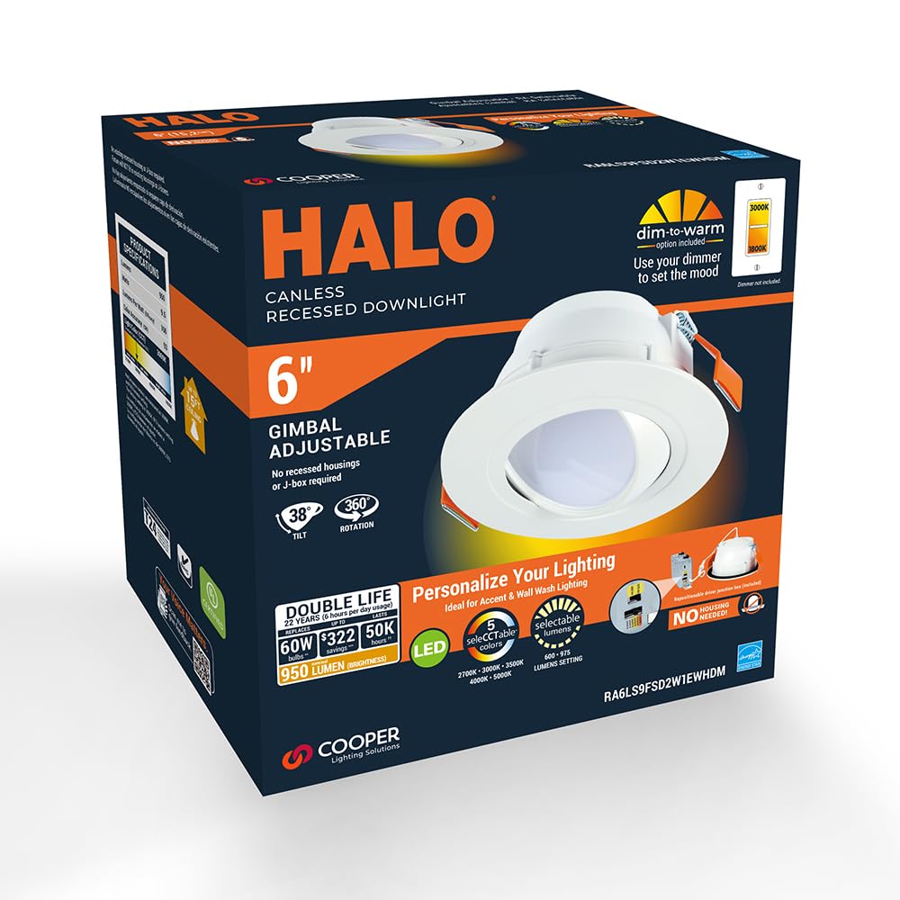 HALO RA 6-Inch Canless LED Recessed Downlight, Adjustable Gimbal, Selectable Lumens & Color, Dim-to-Warm, White, Model RA6LS9FSD