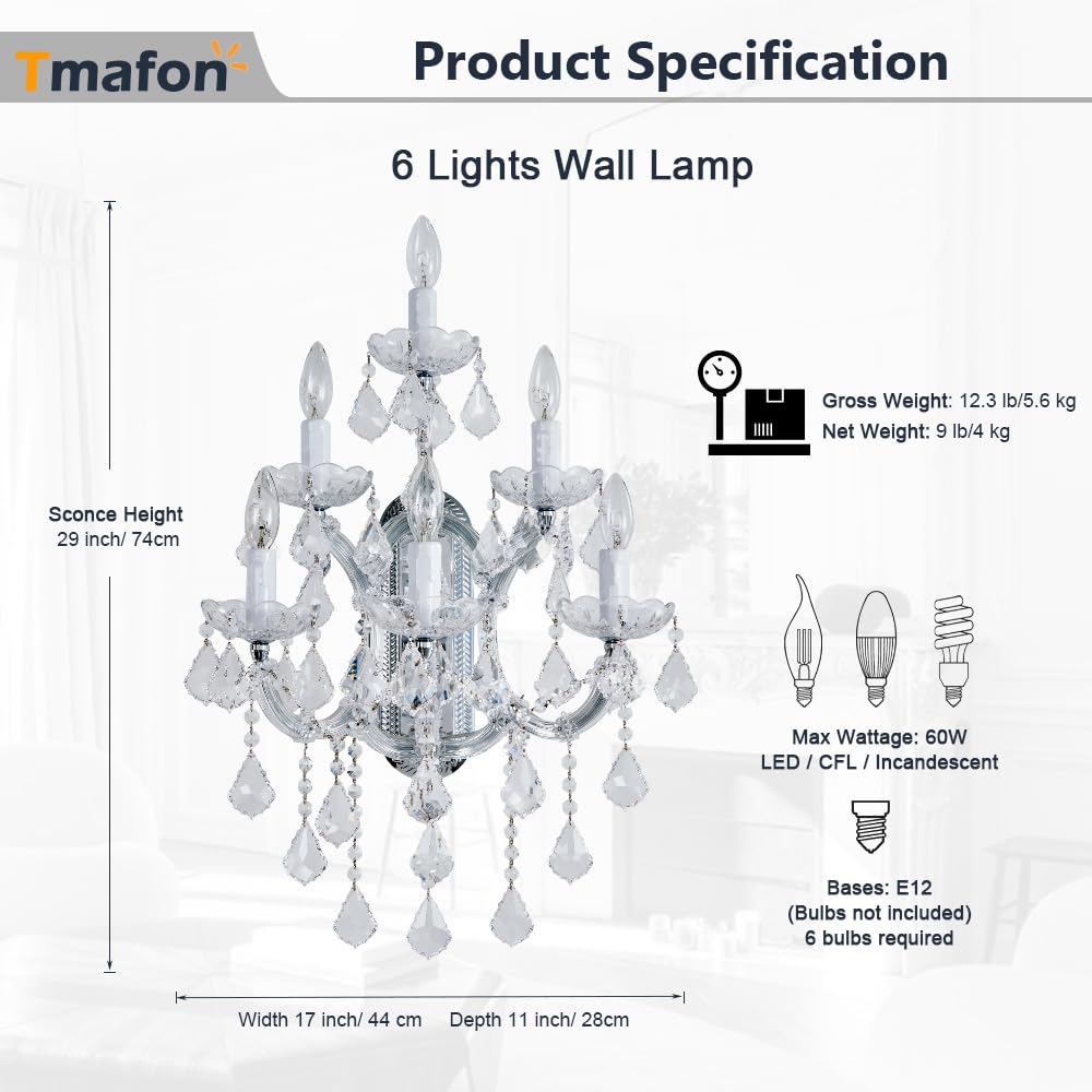 Tmafon Large Modern Crystal Wall Lamp - 6 Lights Maria Theresa Wall Chandelier Light Fixtures, Chrome Wall Mounted Sconce For Ho