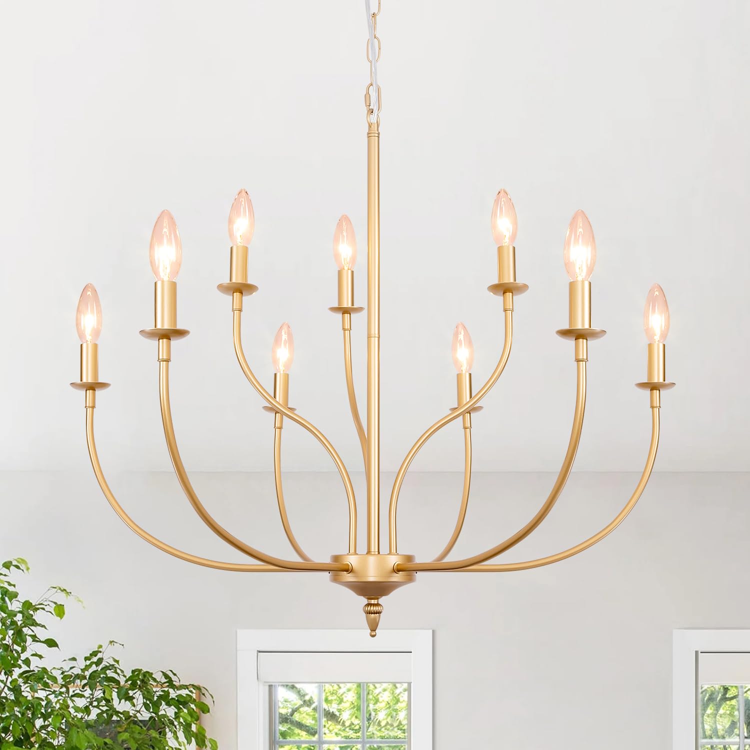 Rviezza Gold Chandelier, 9-Light Gold Farmhouse Chandelier, 2-Tier Candle Modern Farmhouse Chandeliers For Dining Room Living Ro