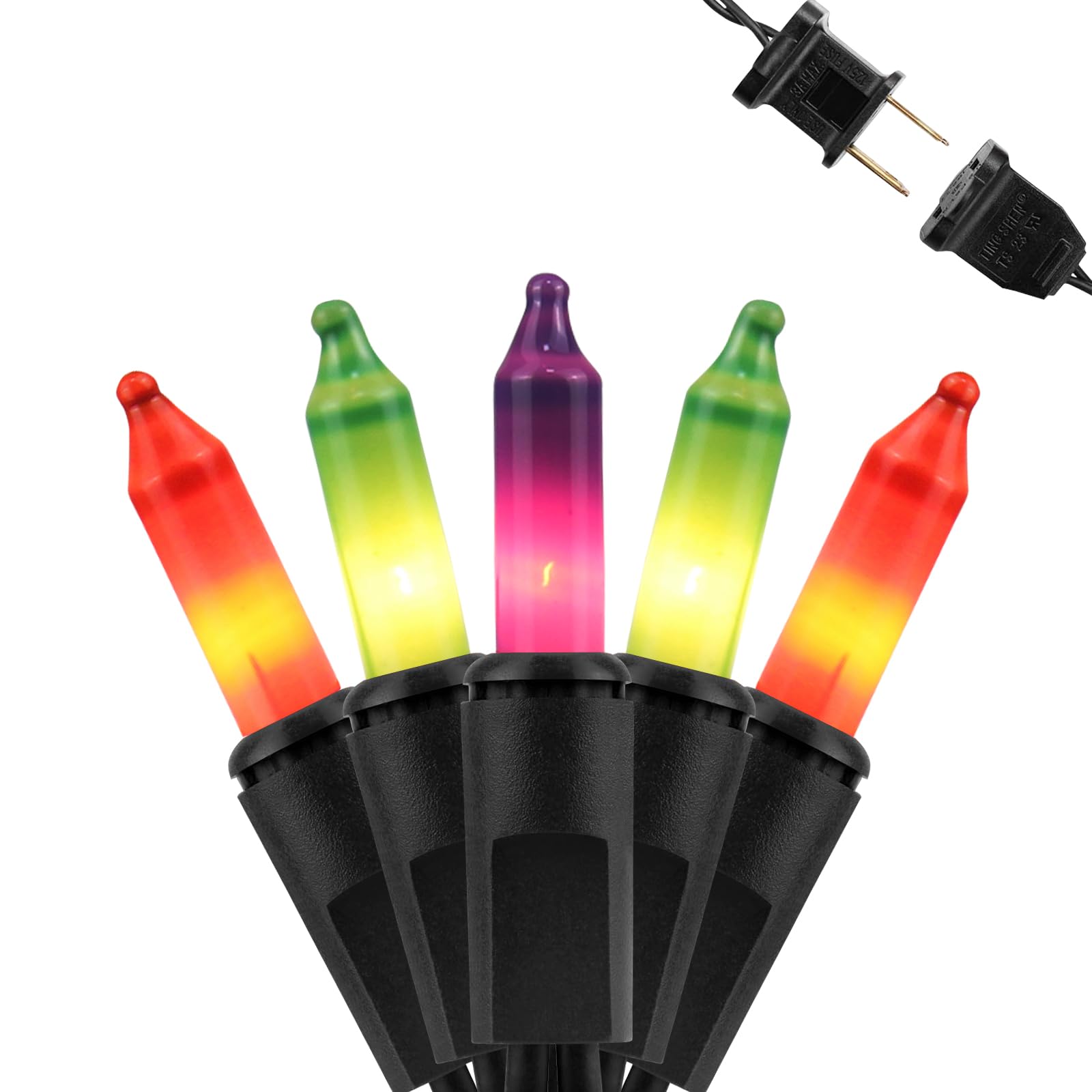FESTIA String Lights - 100 Count Mini Incandescent, 26.5ft Black Wire, UL Listed, Purple Orange Green, Connectable up to 125ft