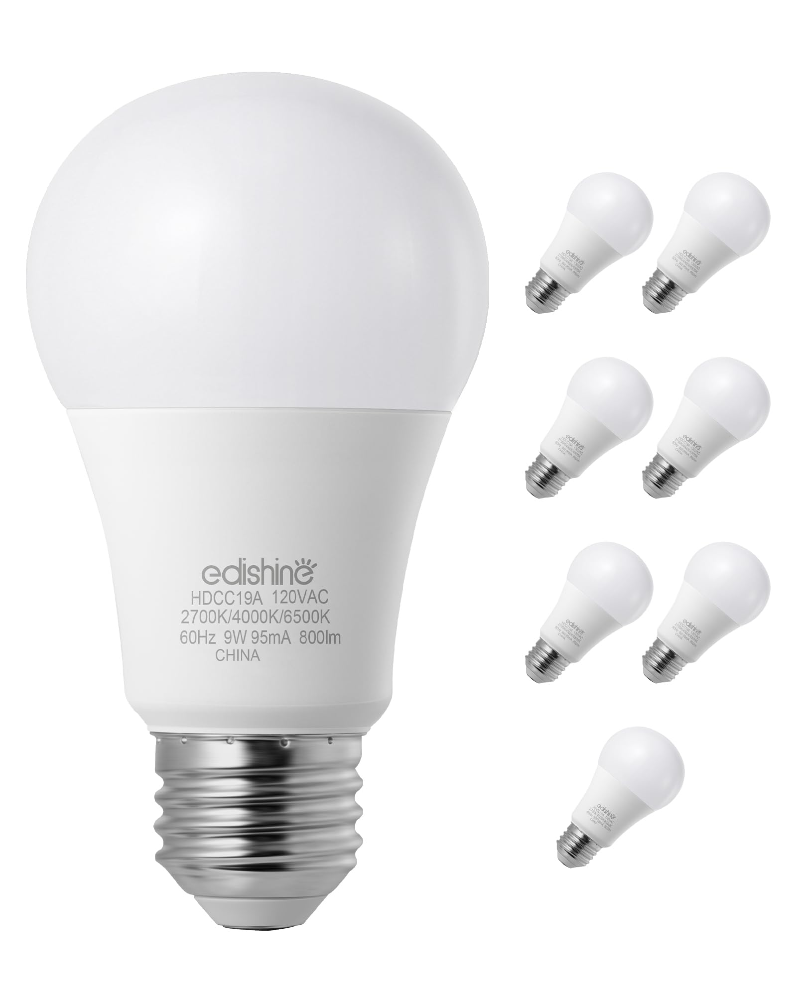EDISHINE Dimmable LED Light Bulb 800LM 9W E26 Base 3 Color Temperatures 2700K/4000K/6500K Warm White 8 Pack