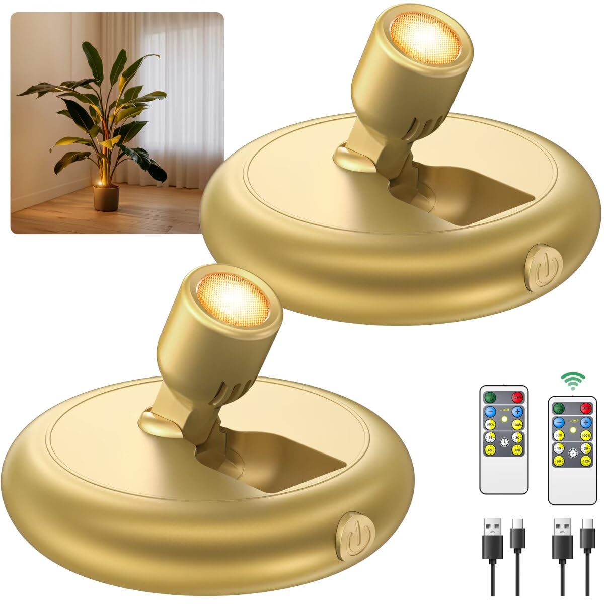 Ler0ktr Rechargeable LED Spotlight - Wireless Mini Art Accent Light, Dimmable, 2 Pack, Gold, Model SL-BG-22, Indoor Use