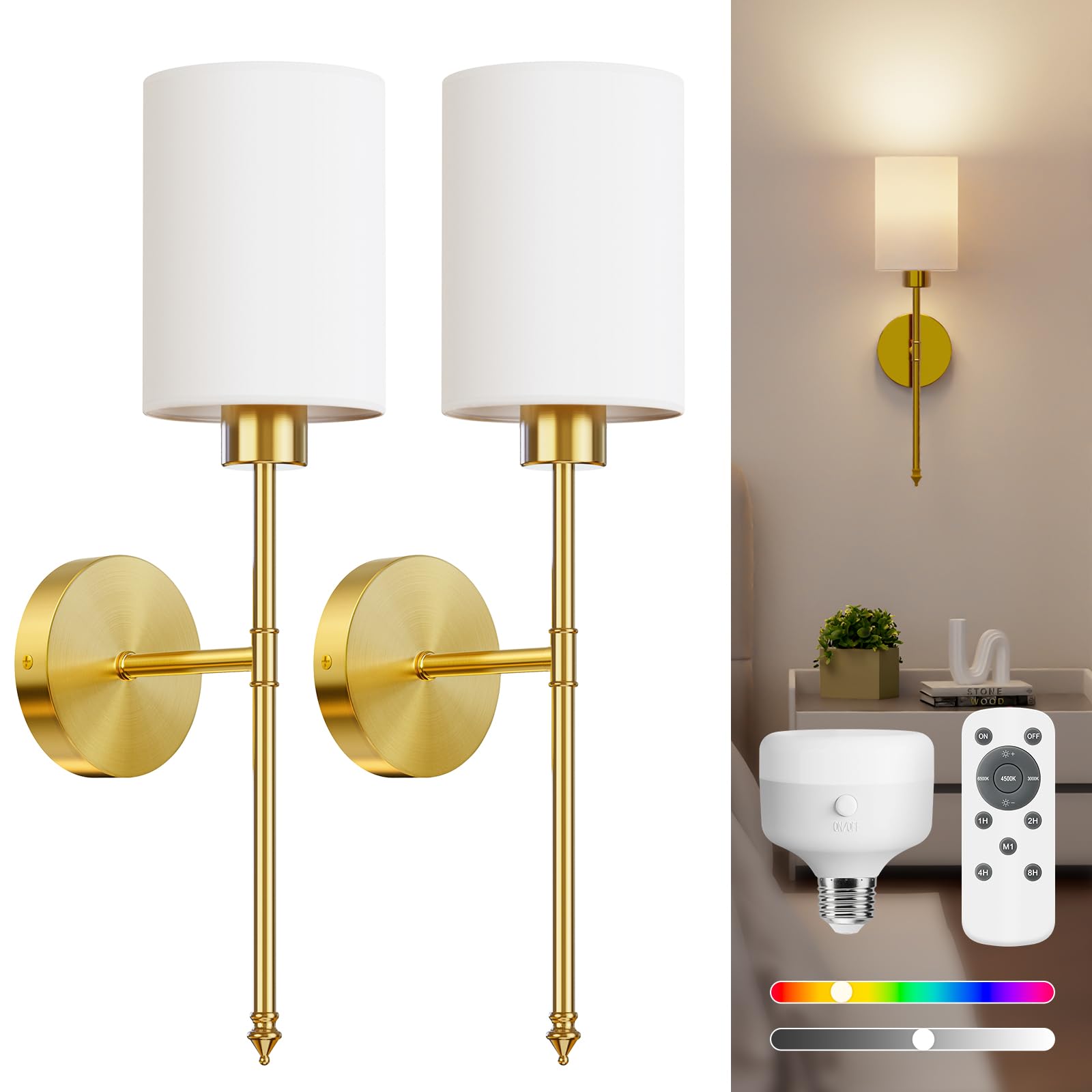 NIORSUN Battery Operated Wall Sconce Set of 2, Gold, 20.67 inch, Iron, Model 16226LGTF, Wireless Rechargeable, Dimmable Bulbs,