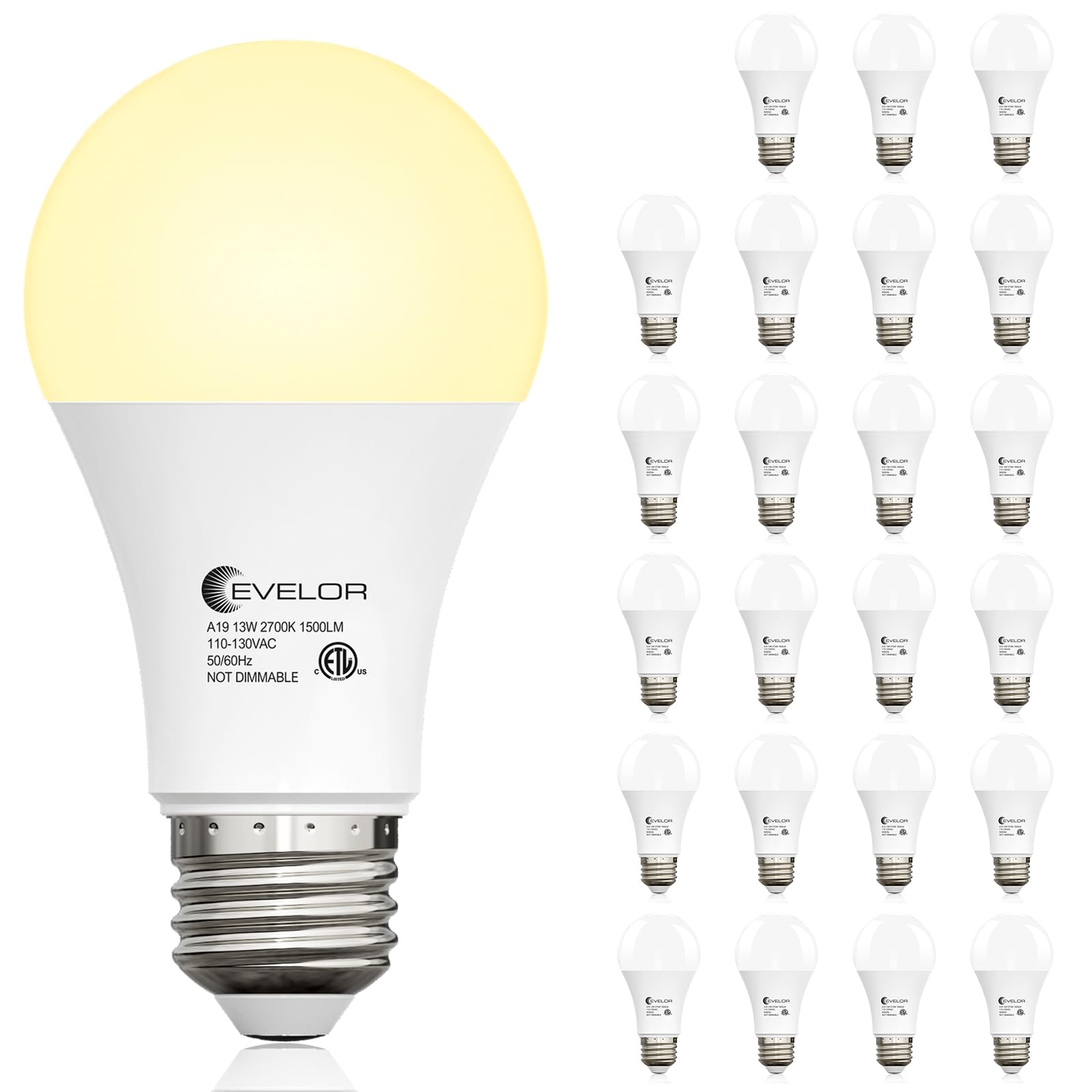 evelor 24-Packs A19 LED Light Bulbs,100 Watt Equivalent 2700K Soft White Bright Bulbs Efficient 13W,1500 Lumens E26 Base, Non-Di