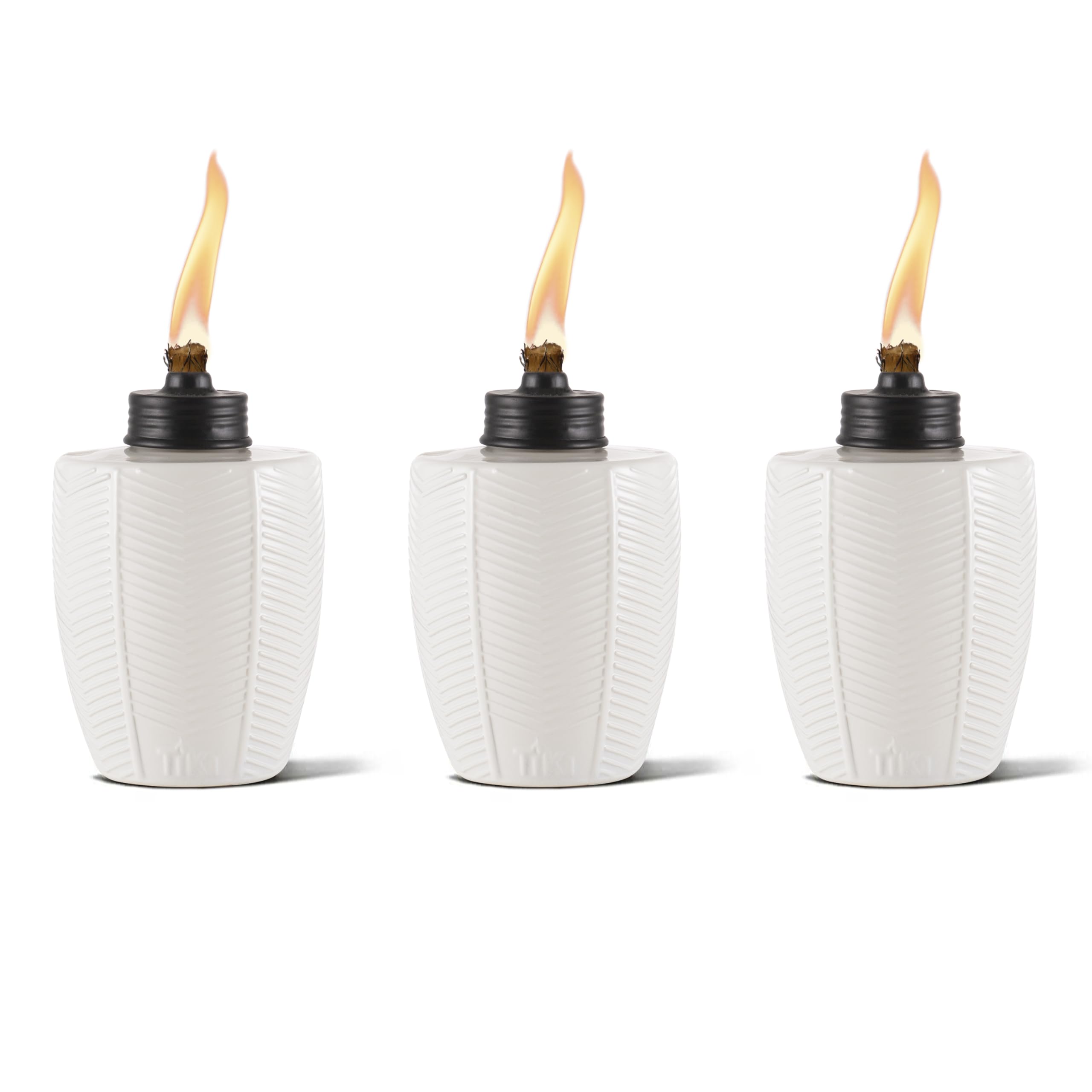 TIKI Brand 3-Pack Table Torch Glass Herringbone Ivory - Decorative Table Top Torches for Outdoor, Patio, Backyard and Garden, 5.75 in, 1118120