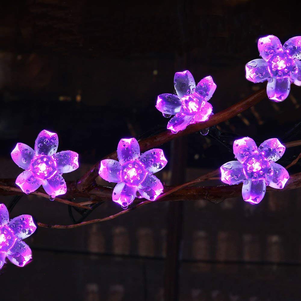 Semilits Solar Outdoor String Lights 50Led Flower Shaped Christmas Lights For Patio Garden Decoration Purple