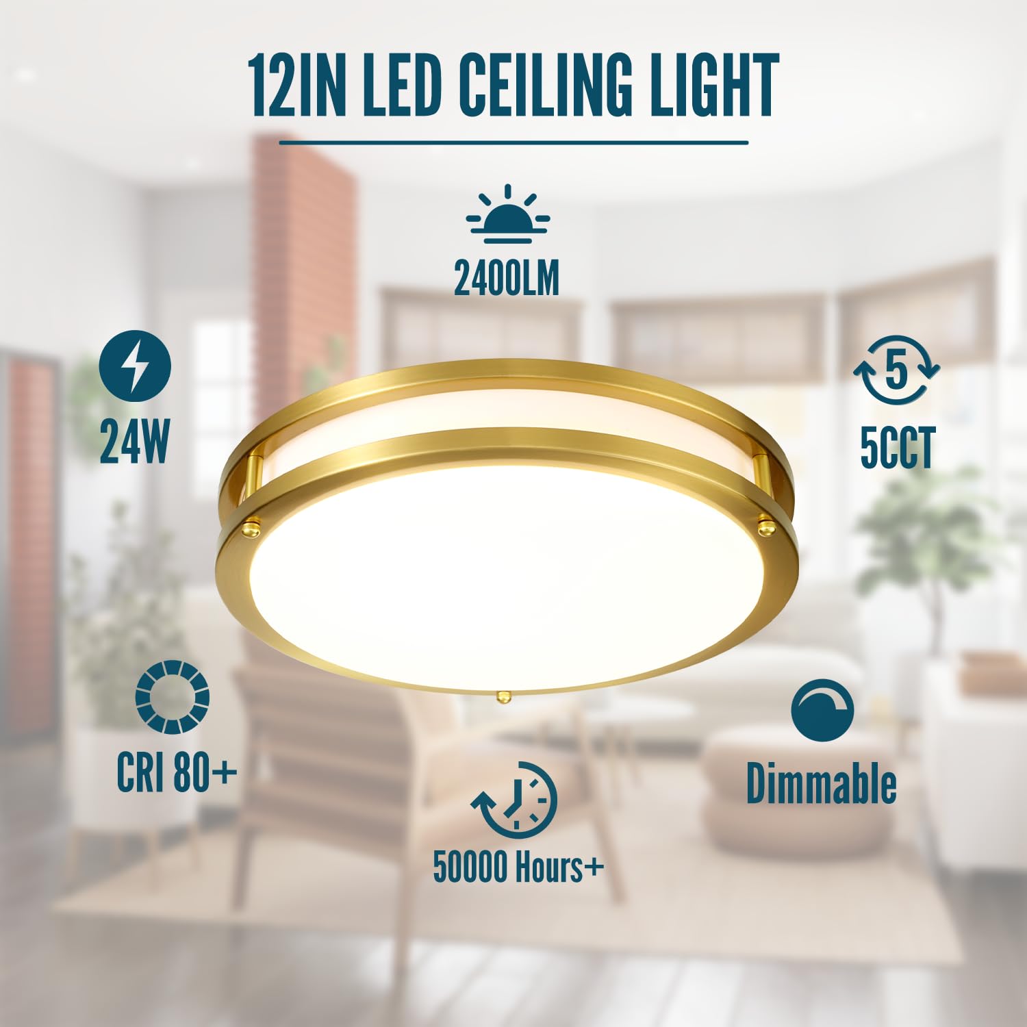 Wheatronic Gold Ceiling Light Fixture 24W, 12 Inch Led Flush Mount Ceiling Light For Bedroom, Kitchen, Bathroom, Dimmable Close