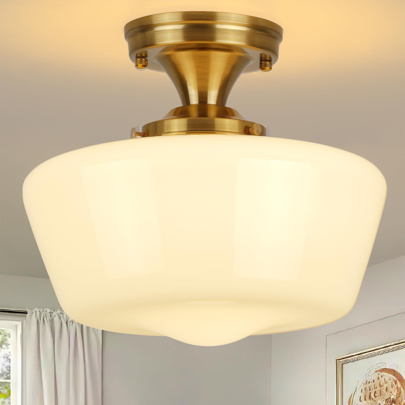 CLARSYNE Gold Semi Flush Mount Ceiling Light Fixture, 12'' Wide Opal Milk Glass Shade, Vintage Schoolhouse Style Lighting for Ki