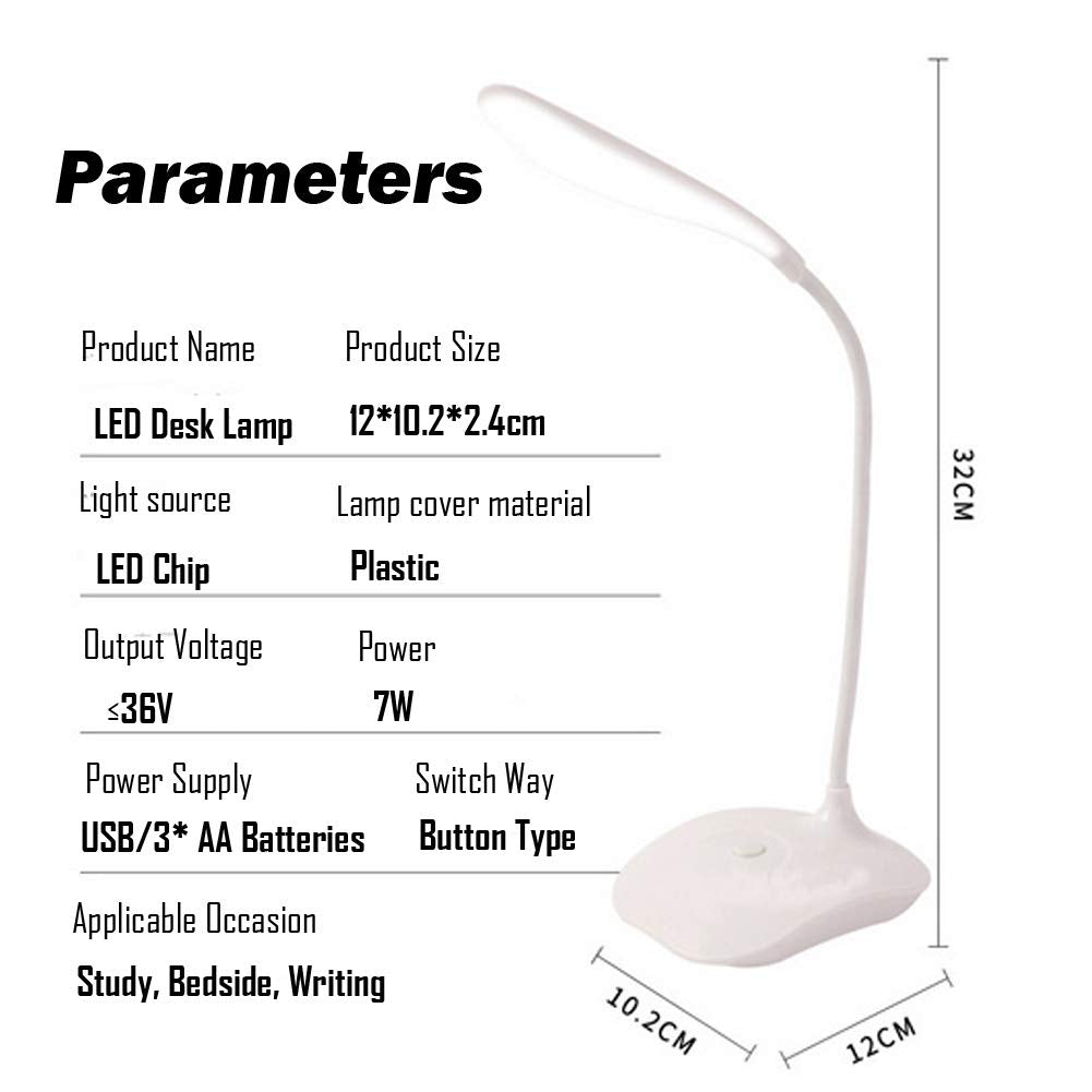 Sosee LED Table Lamp - Portable Eye-Protected Gooseneck Desk Light, Small, White, USB or Battery Powered