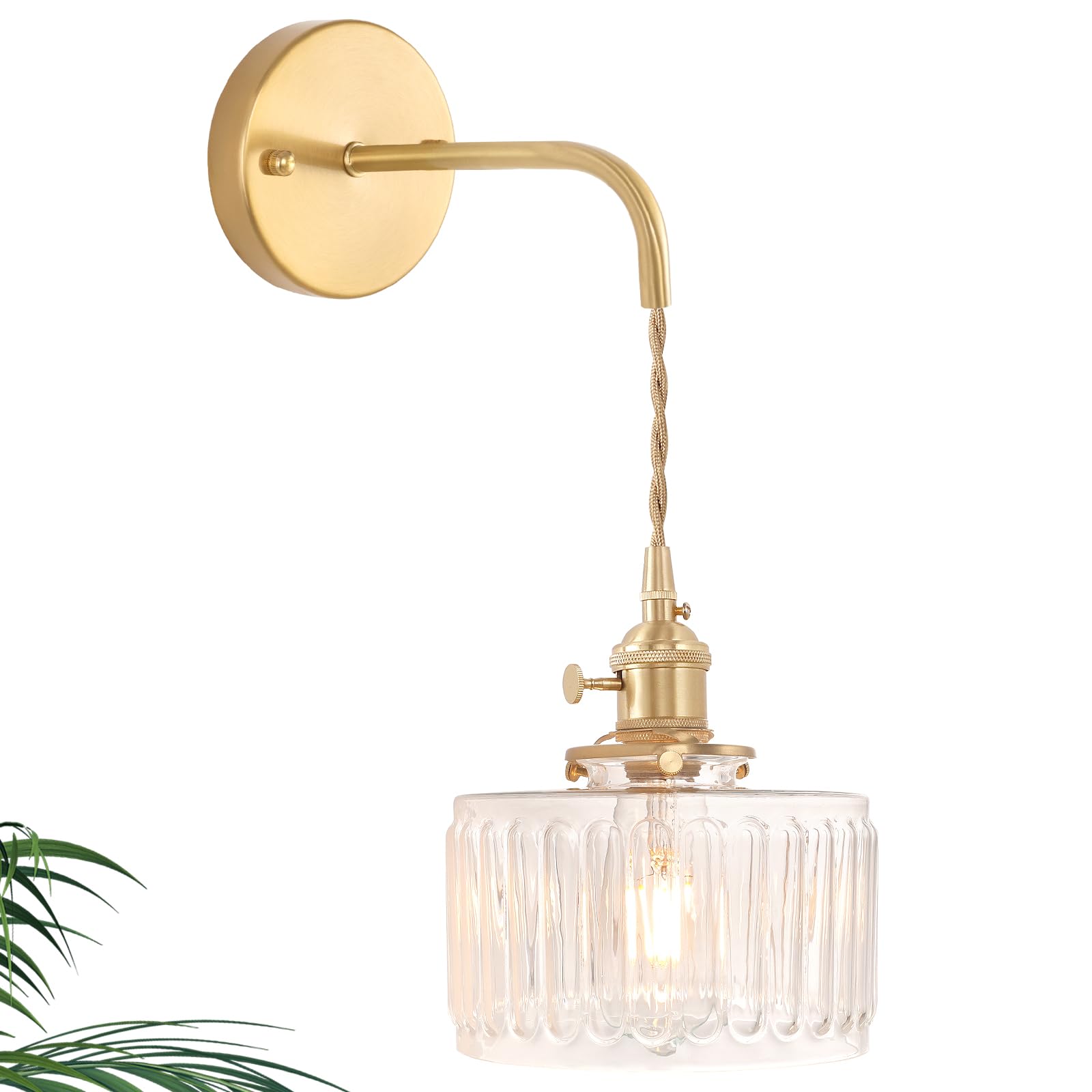 Shenmoyl Vintage Wall Sconce Lamp, Clear Striped Glass, Adjustable Chain, Hardwired, Model 1-944, Gold