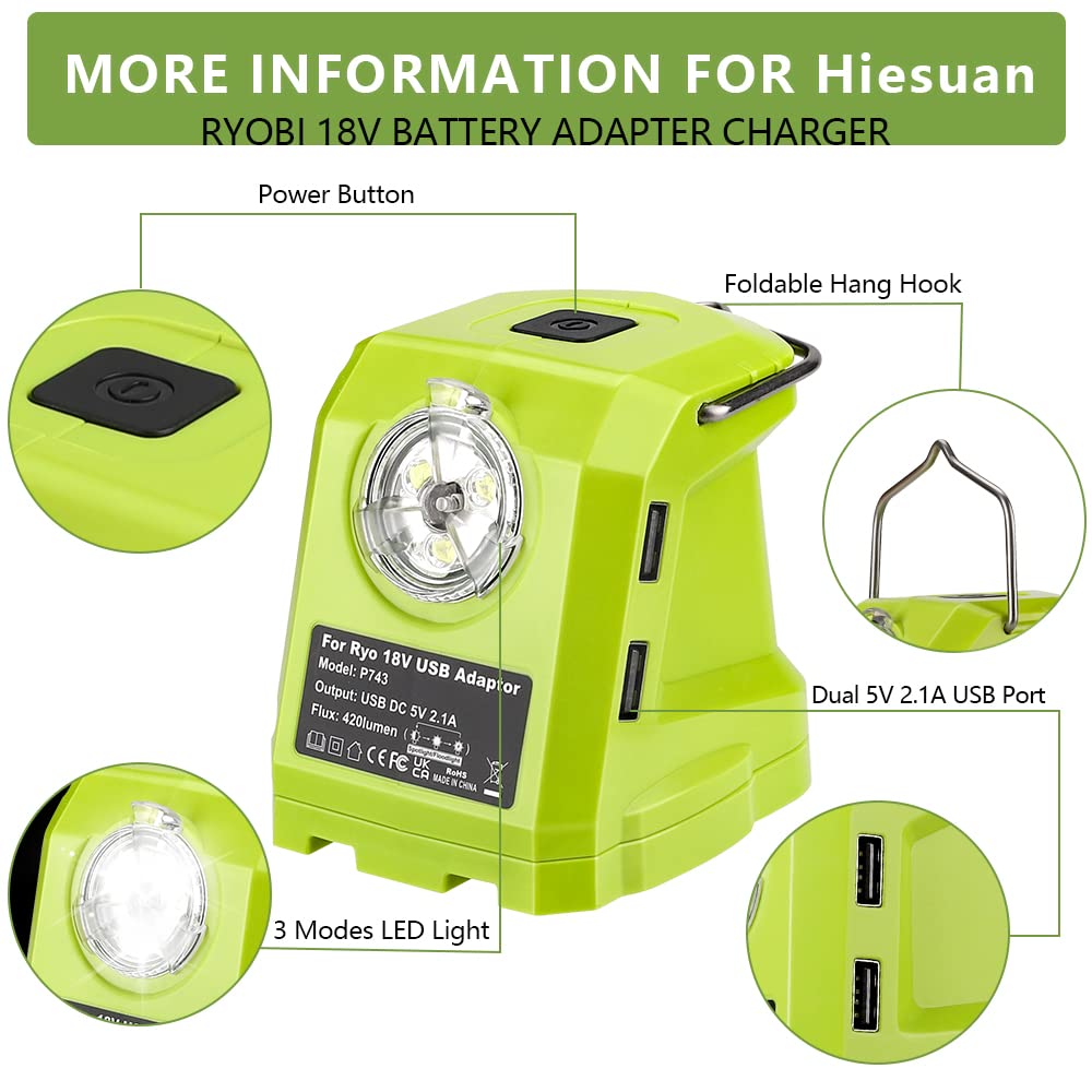 Portable Flashlight for Ryobi 18v Battery, 420lm LED Work Light with 2 USB Ports, 3 Light Modes and Foldable Hang Hook, Workligh