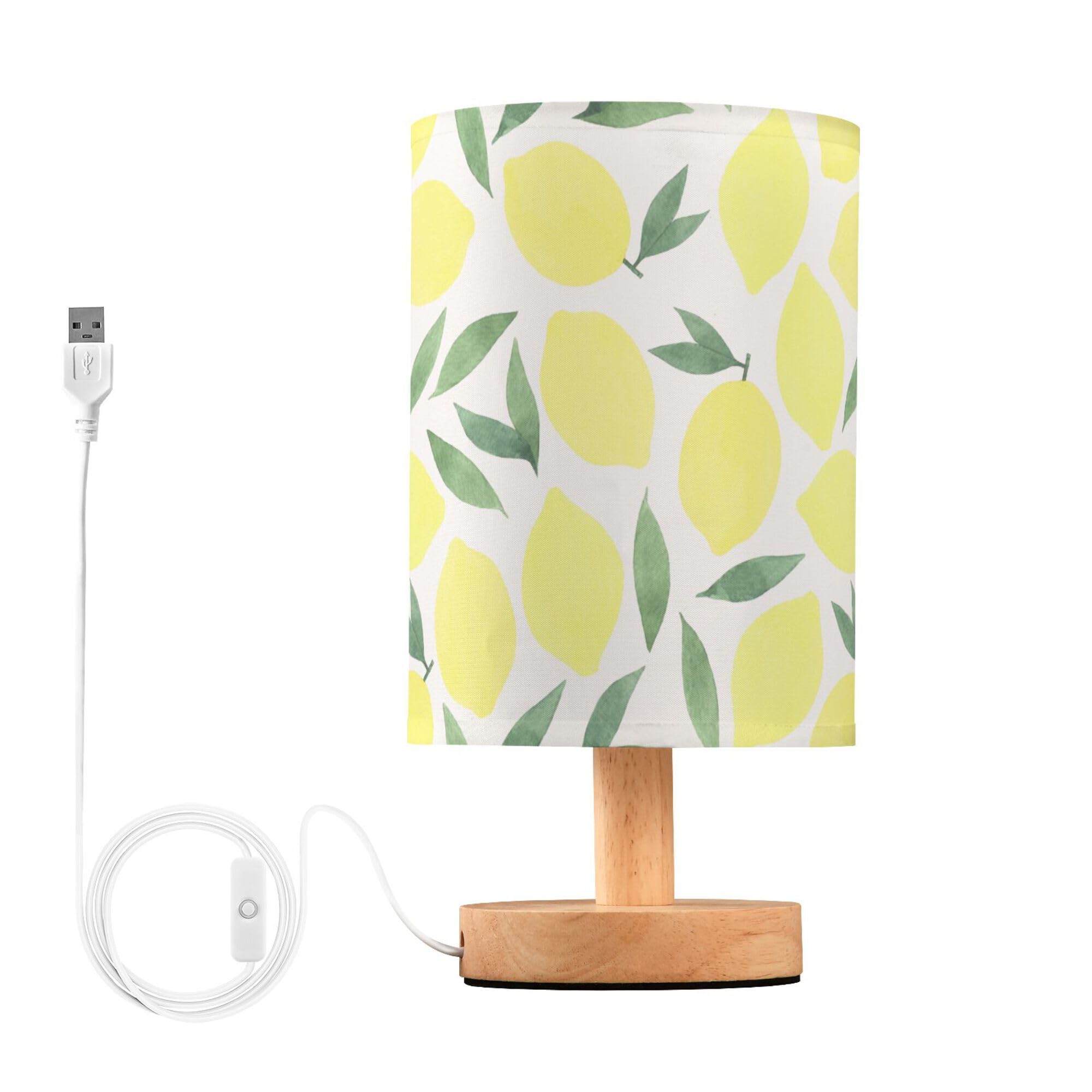 YYZZH Table Lamp Watercolor Lemon and Leaf Pattern Pastel Color Fruit Print Nightstand Lamp with Wood Base Fabric Lamp Shade Bed