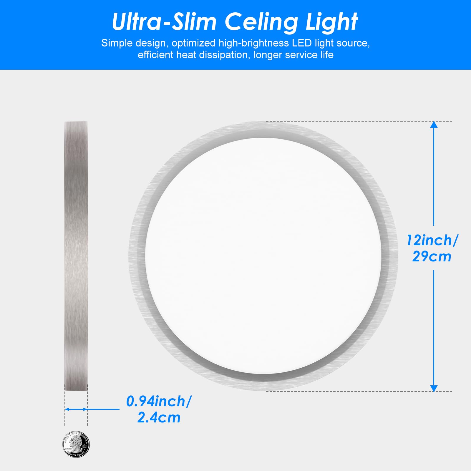 Peasur 12 Inch LED Ceiling Light Brushed Nickel 24W Adjustable 3000K/4000K/6500K Model CLS29A-NK