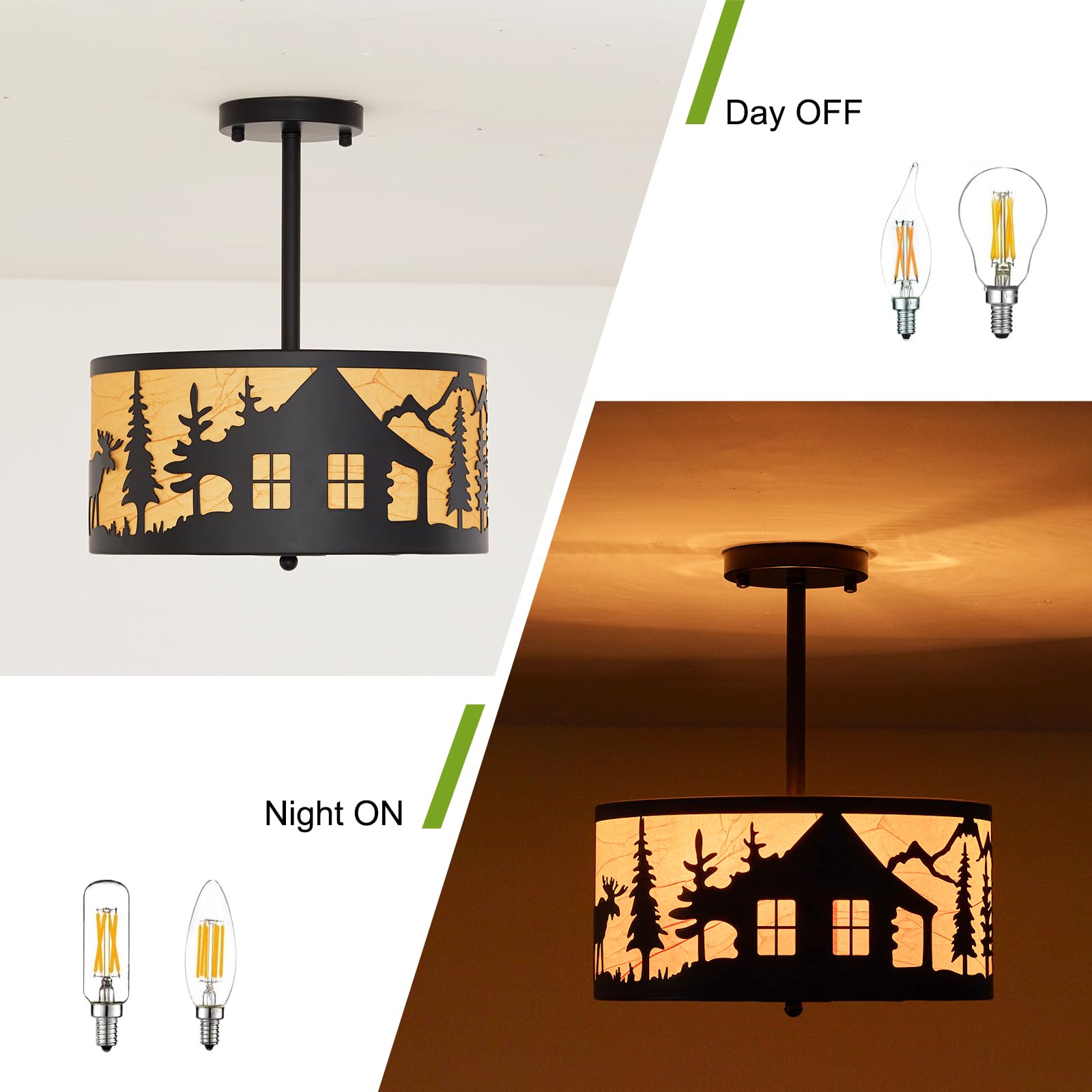 Monaxon Rustic 3-Light Semi-Flush Mount Ceiling Light, E12 Base, Farmhouse Design With Deer, Bear