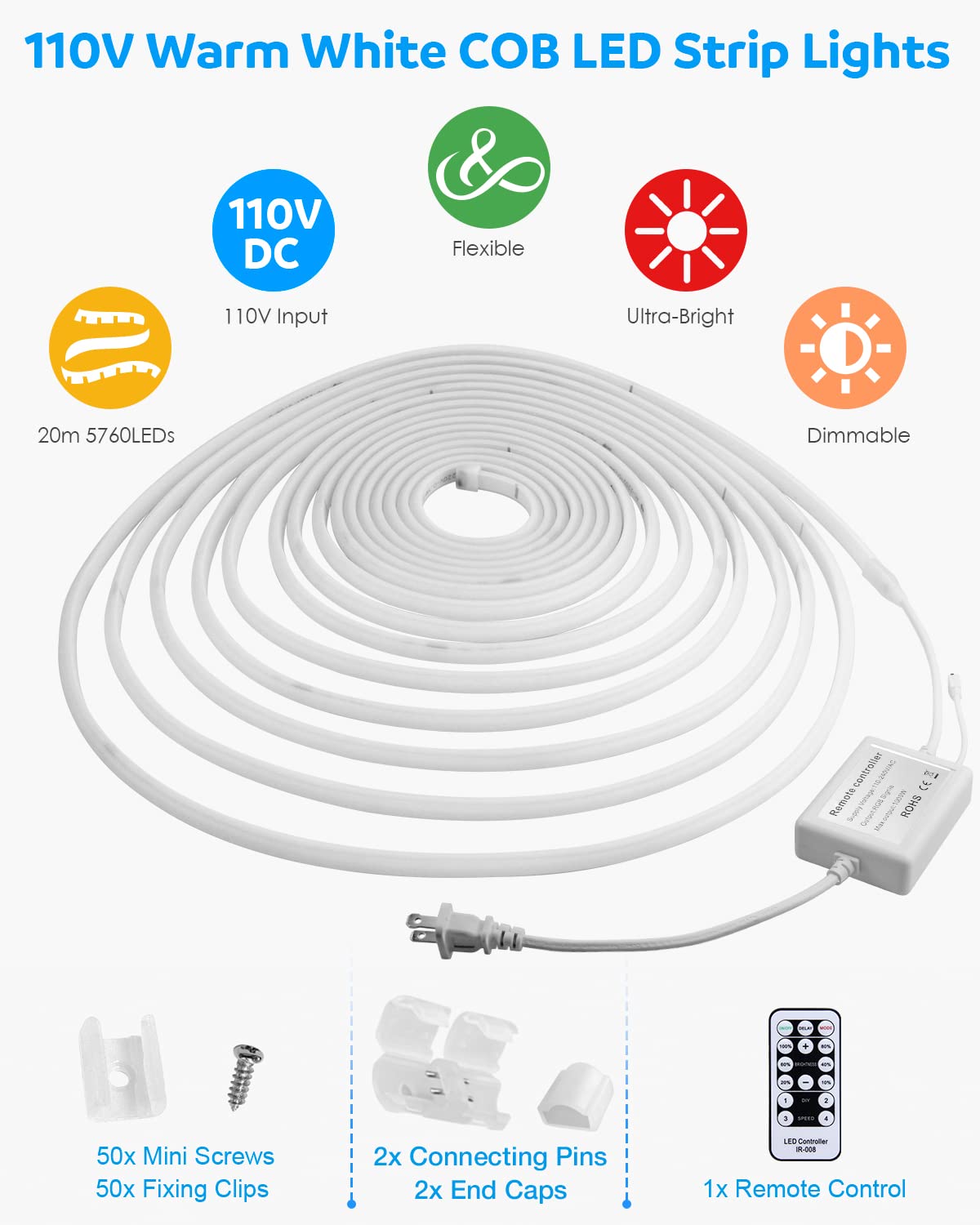 Aclorol LED Strip Lights 65.6FT Warm White 3000K Waterproof IP67 Dimmable Silicone Rubber with Remote Control for Outdoor Use