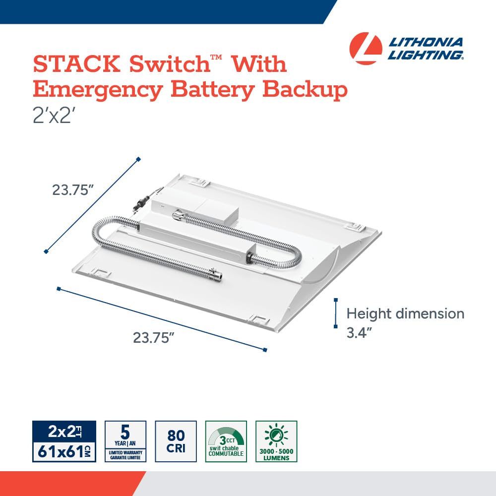 Lithonia Lighting 2X2 Led Troffer Light  Stack Switch Led Lay-In Ceiling Light Fixture  Adjustable Lumens  3500K/4000K/5000K Switchable Color Temperature  Includes Emergency Battery Backup  White