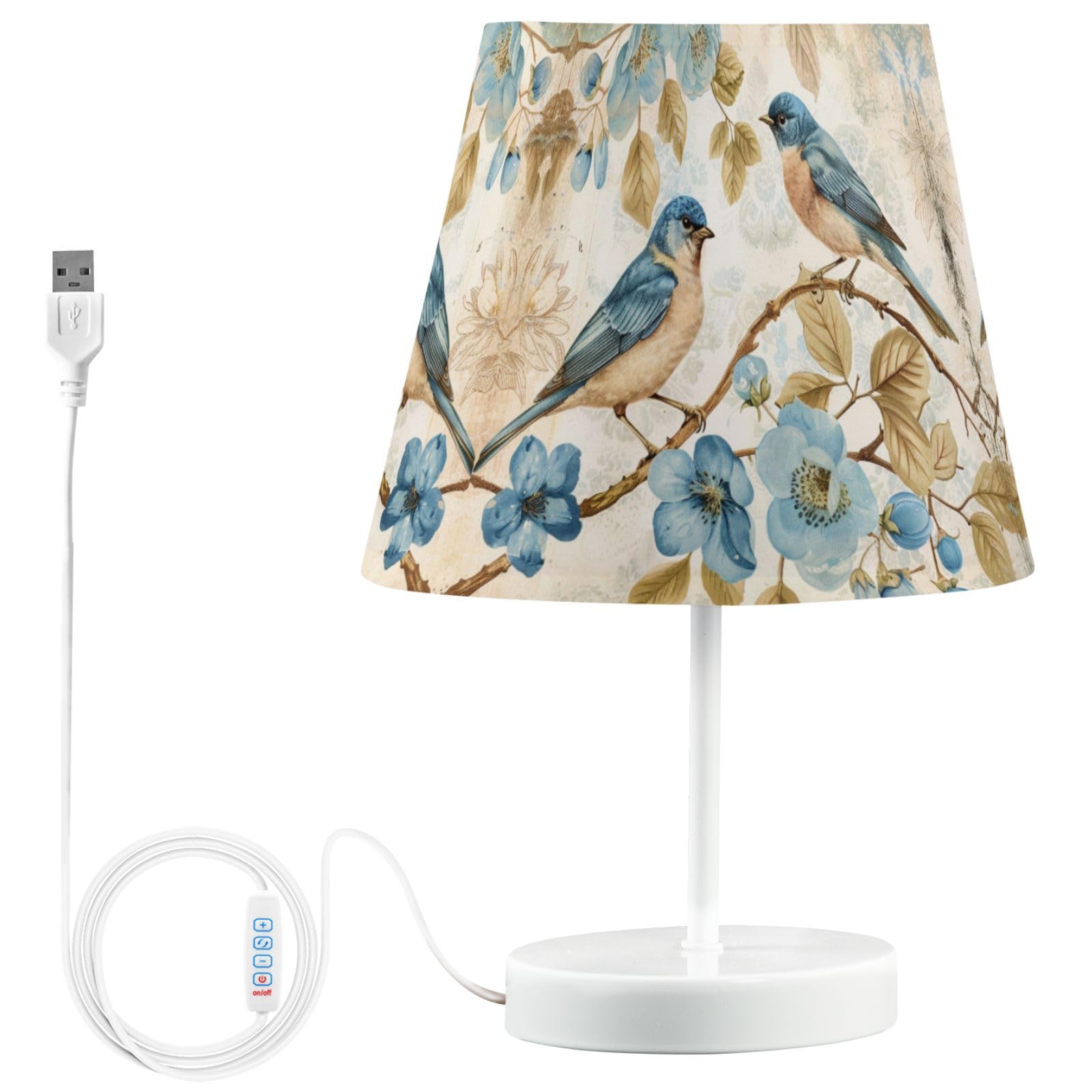 Peystean 3-Color Dimmable LED Table Lamp, Vintage Blue Birds Cherry Blossom Linen Shade Large 12 Bedside Nightstand Light with U