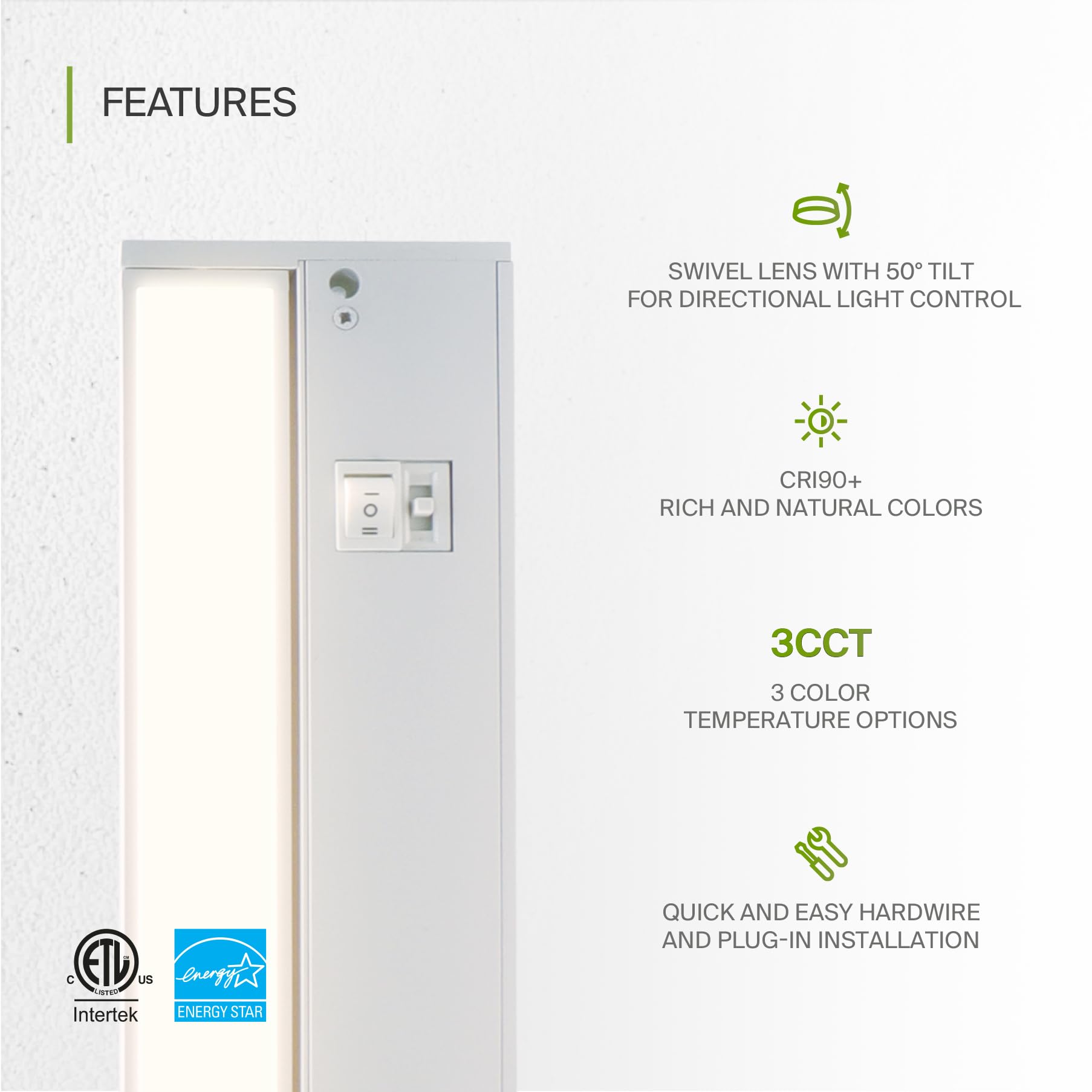 Asd Swivel Led Under Cabinet Light, 32 Inch, 16W, Dimmable, Hardwired/Plug-In, Aluminum Housing, 2700K/3000K/4000