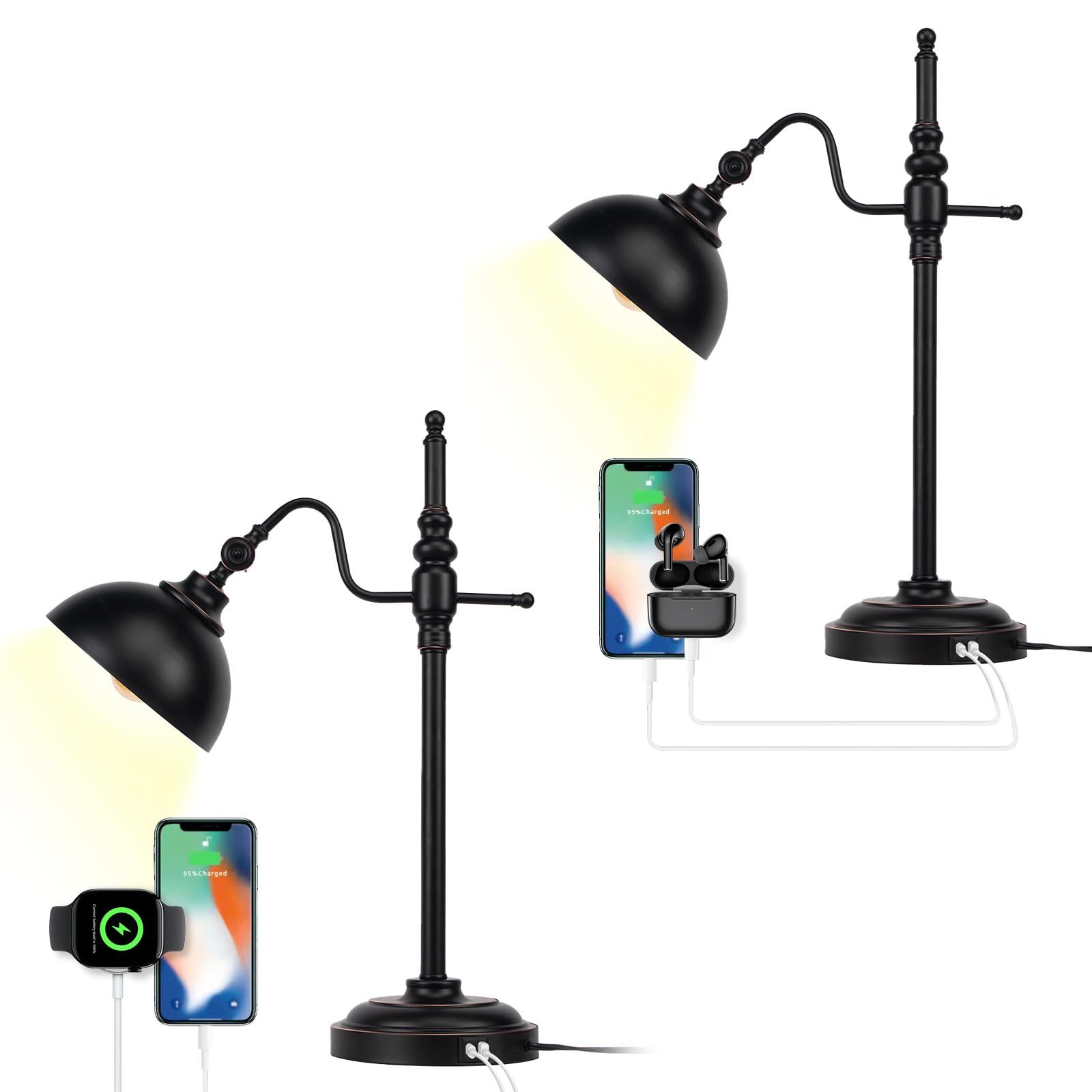 JCPYIUL 2 Pack Industrial Desk Lamp with 2 USB Charging Port Black Metal Rustic Table Lamp for Reading with Adjustable Head Vint