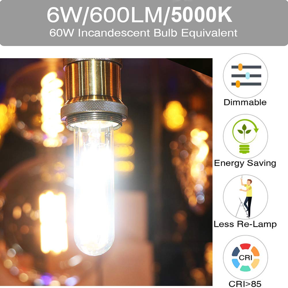 E26 Tubular Led Bulb 6W,Dimmable T10 Edison Led Tube Bulbs 5000K Cool White,60 Watt Incandescent Light Bulb Equivalent,Clear Gla